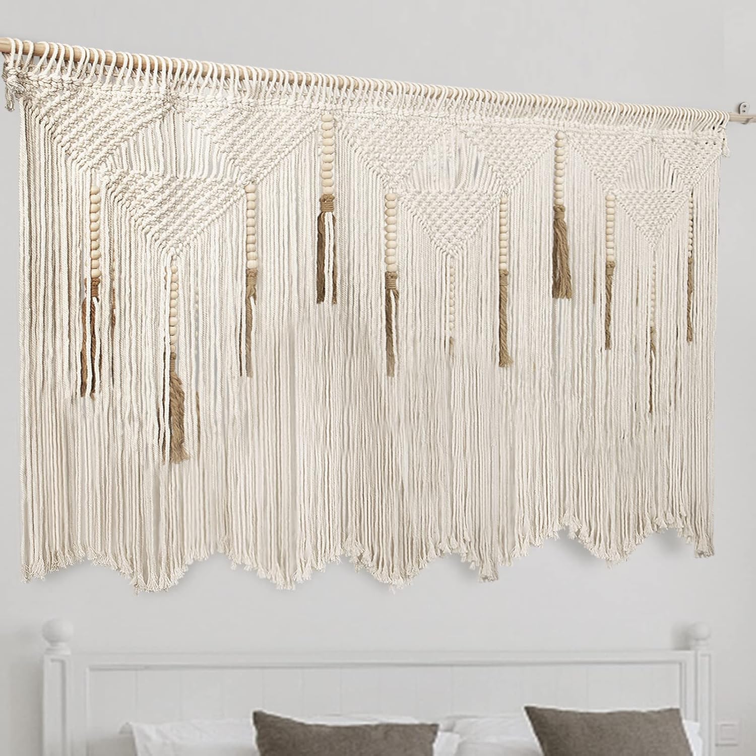 Extra Large Macrame Wall Hanging 70.8" × 39" Boho Tapestry Woven Decor- Cotton Tassel Curtain Beige Chic Bohemian Wall Art for Home Living Room Bedroom Dorm Wedding (Includes Rod)