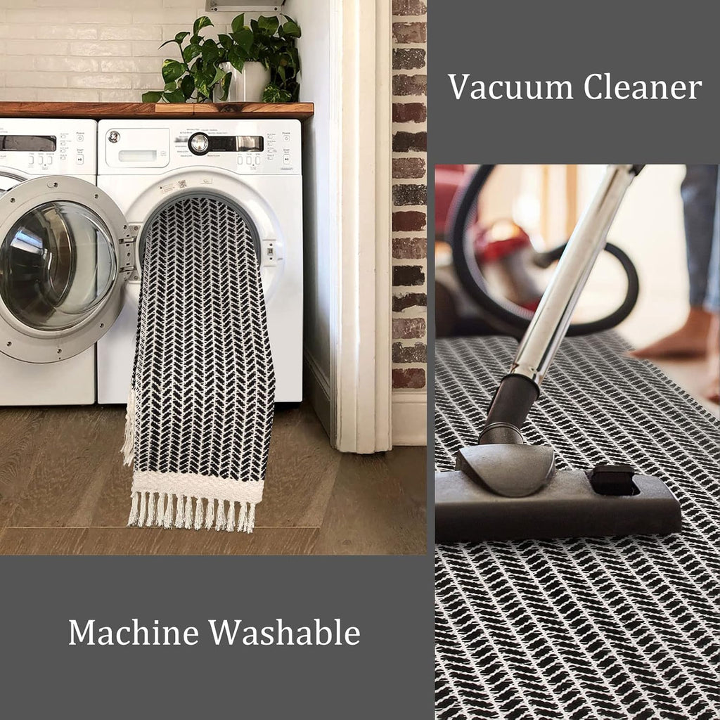 Lahome Belle Boho Entryway Rug, 3x5 Rugs for Bedroom Lightweight Washable Throw Rug Woven Cotton Bathroom Carpet with Tassels, Farmhouse Black and White Rugs for Living Room Kitchen Office Dorm