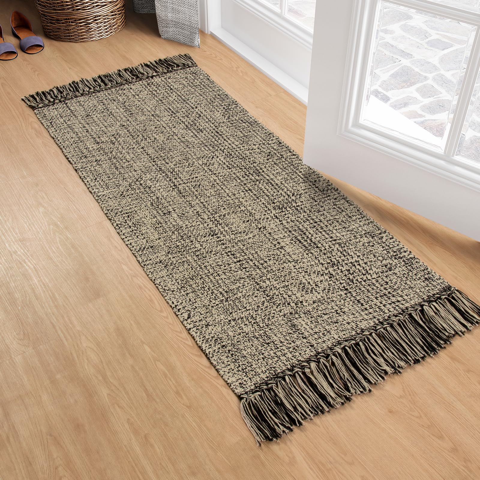 Collive Small Bathroom Rug, 2' x 3' Hand-Woven Low Profile Front Entryway Rug, Olive Green/Cream Cotton Reversible Washable Kitchen Mat Modern Farmhouse Carpet for Foyer Bedroom Back Door Decor