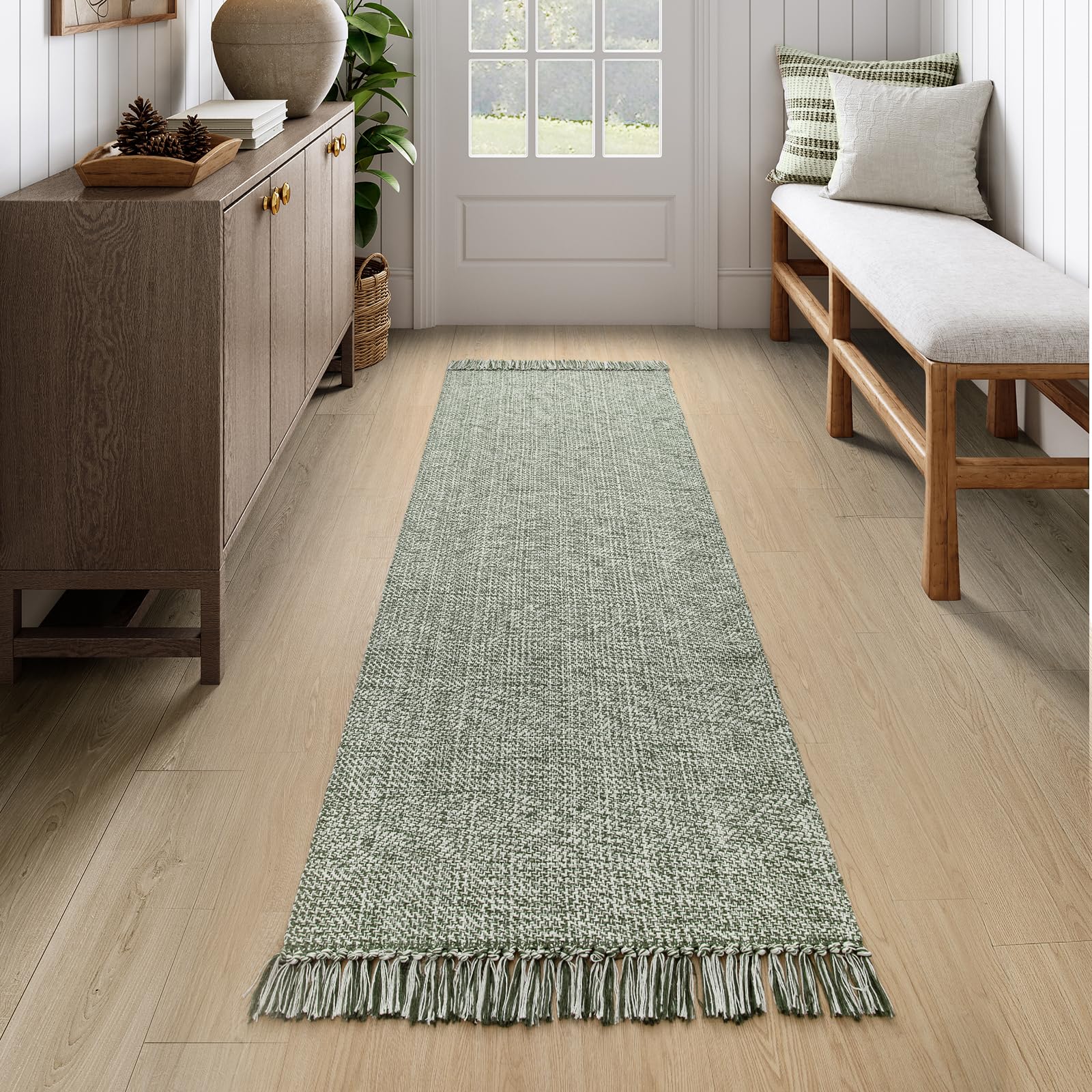 Collive Small Bathroom Rug, 2' x 3' Hand-Woven Low Profile Front Entryway Rug, Olive Green/Cream Cotton Reversible Washable Kitchen Mat Modern Farmhouse Carpet for Foyer Bedroom Back Door Decor