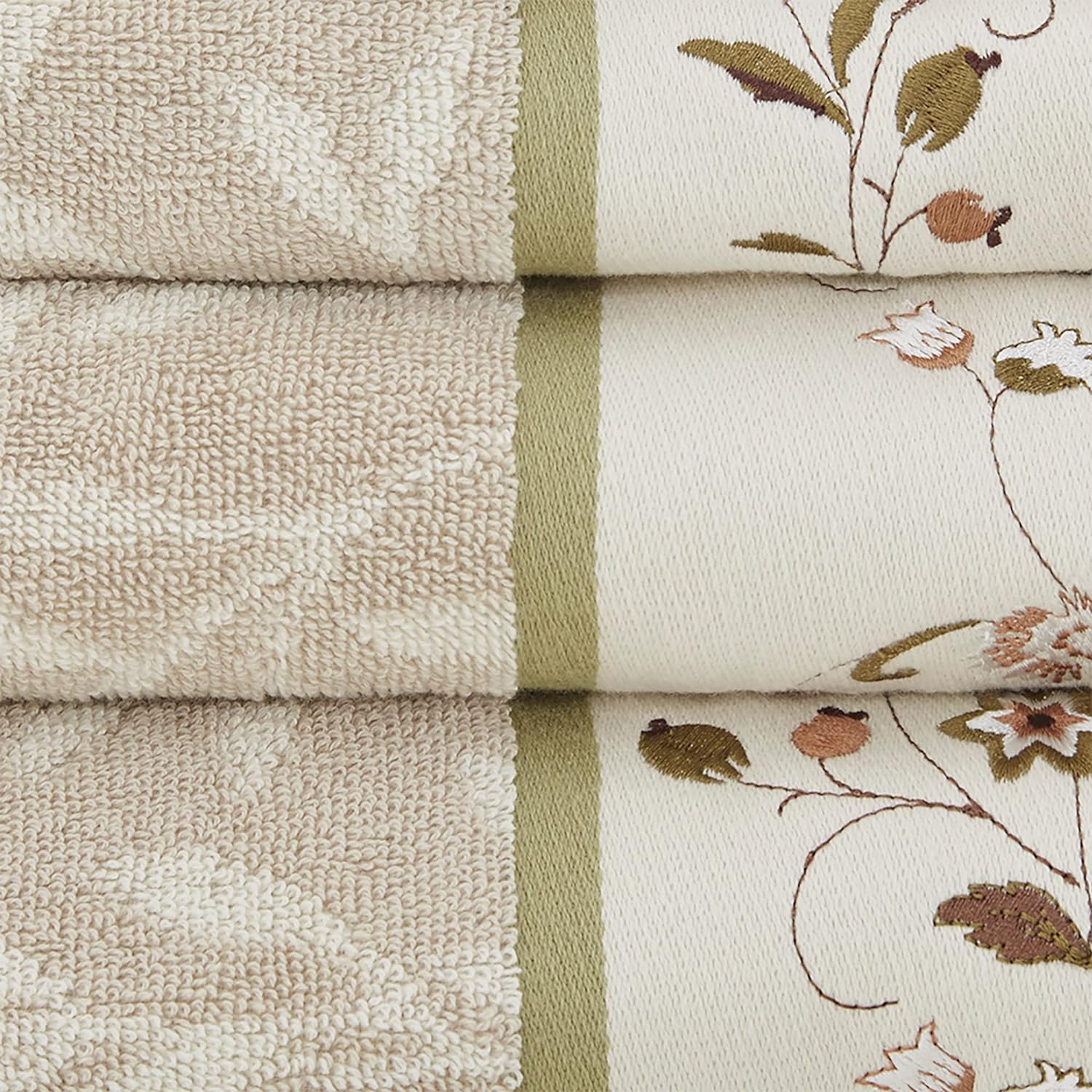 Madison Park Serene 100% Cotton Bath Towel Set Luxurious Floral Decorative Towels for Bathroom Embroidered Cotton Jacquard Design Soft Highly Absorbent for Shower 600 GSM, Multi-Sizes, Green 6 Piece