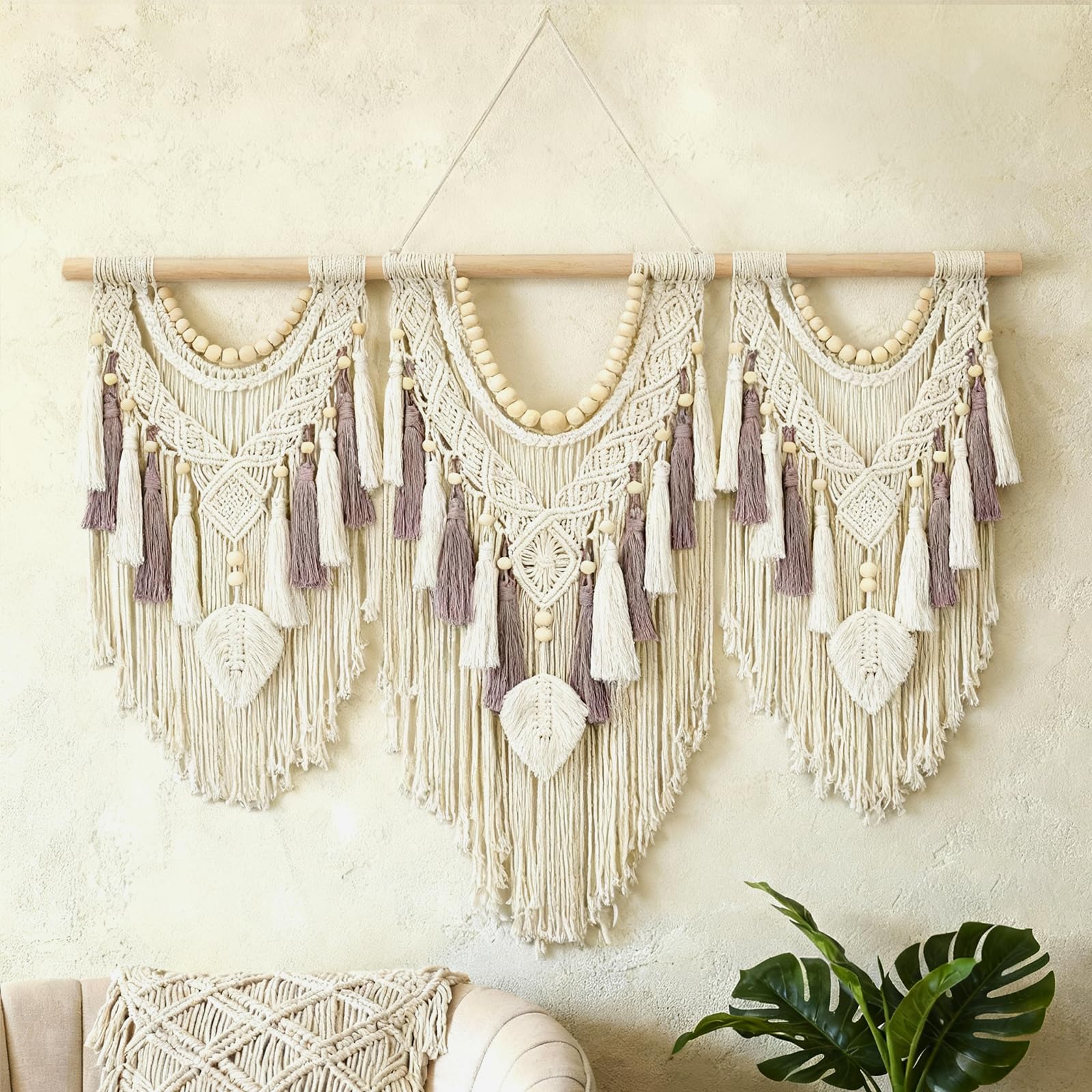 Tempospark Large Macrame Wall Hanging, 43" Wx32 L Boho Wall Hangings for Living Room Bedroom Nursery, Boho Chic Large Macrame Tapestry for Bedroom Wall Decor (Tassel)