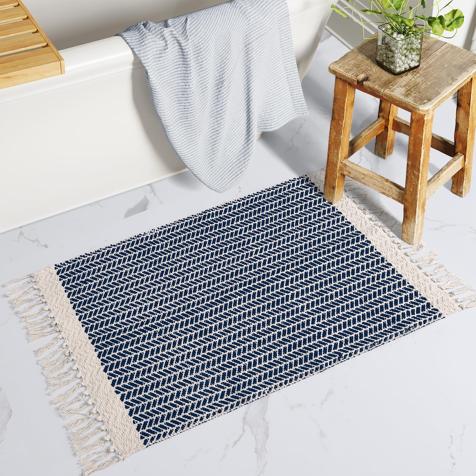 Lahome Belle Boho Entryway Rug, 3x5 Rugs for Bedroom Lightweight Washable Throw Rug Woven Cotton Bathroom Carpet with Tassels, Farmhouse Black and White Rugs for Living Room Kitchen Office Dorm