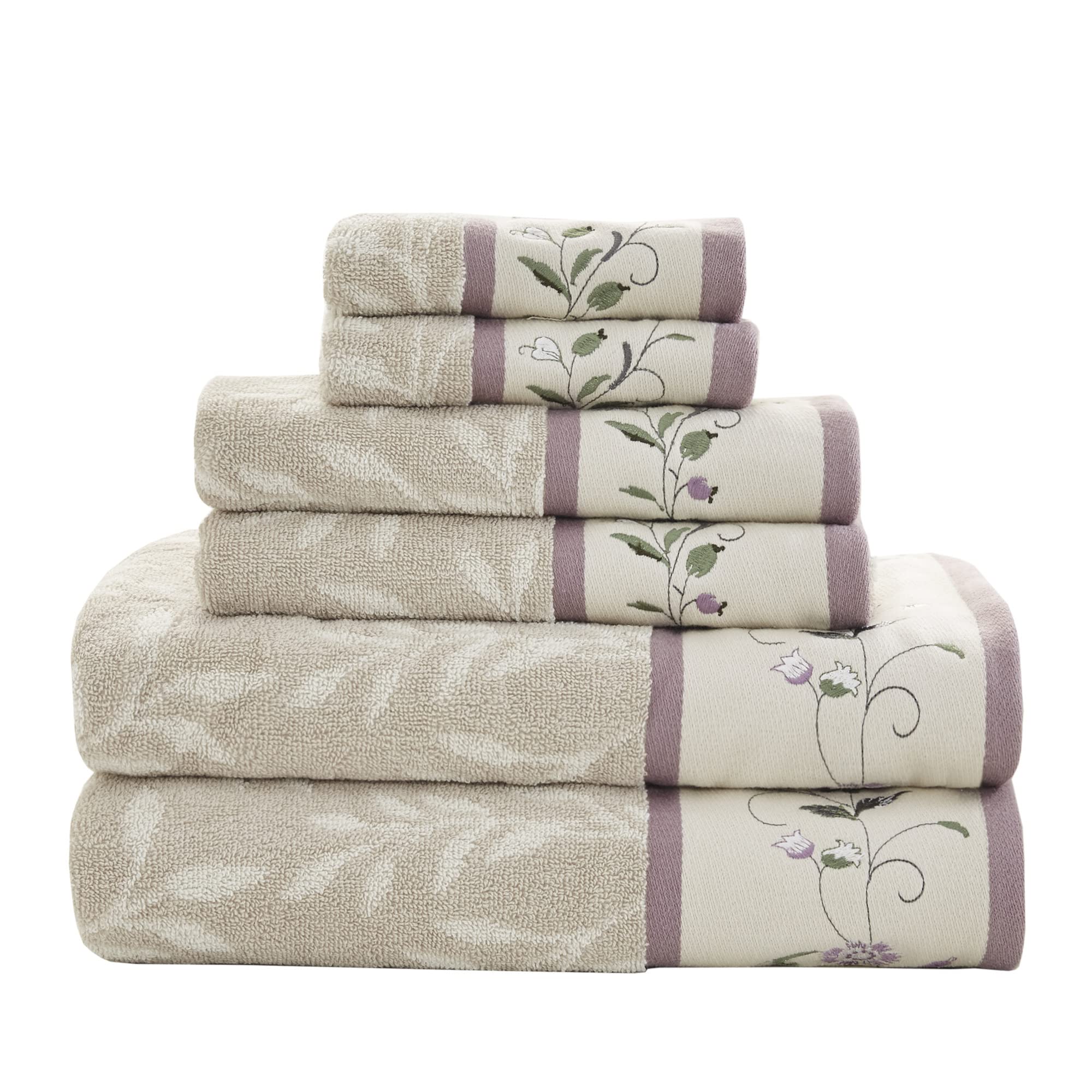 Madison Park Serene 100% Cotton Bath Towel Set Luxurious Floral Decorative Towels for Bathroom Embroidered Cotton Jacquard Design Soft Highly Absorbent for Shower 600 GSM, Multi-Sizes, Green 6 Piece