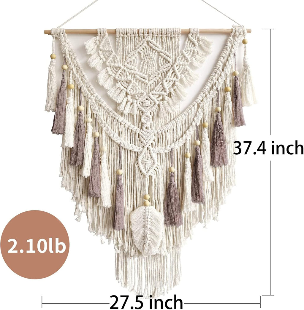 Macrame Wall Hanging, Woven Tapestry Beige & Dusty Rose Handmade Craft Macrame Wall Decor, Gallery & Nursery, Size 37.4” Lx27.5” W