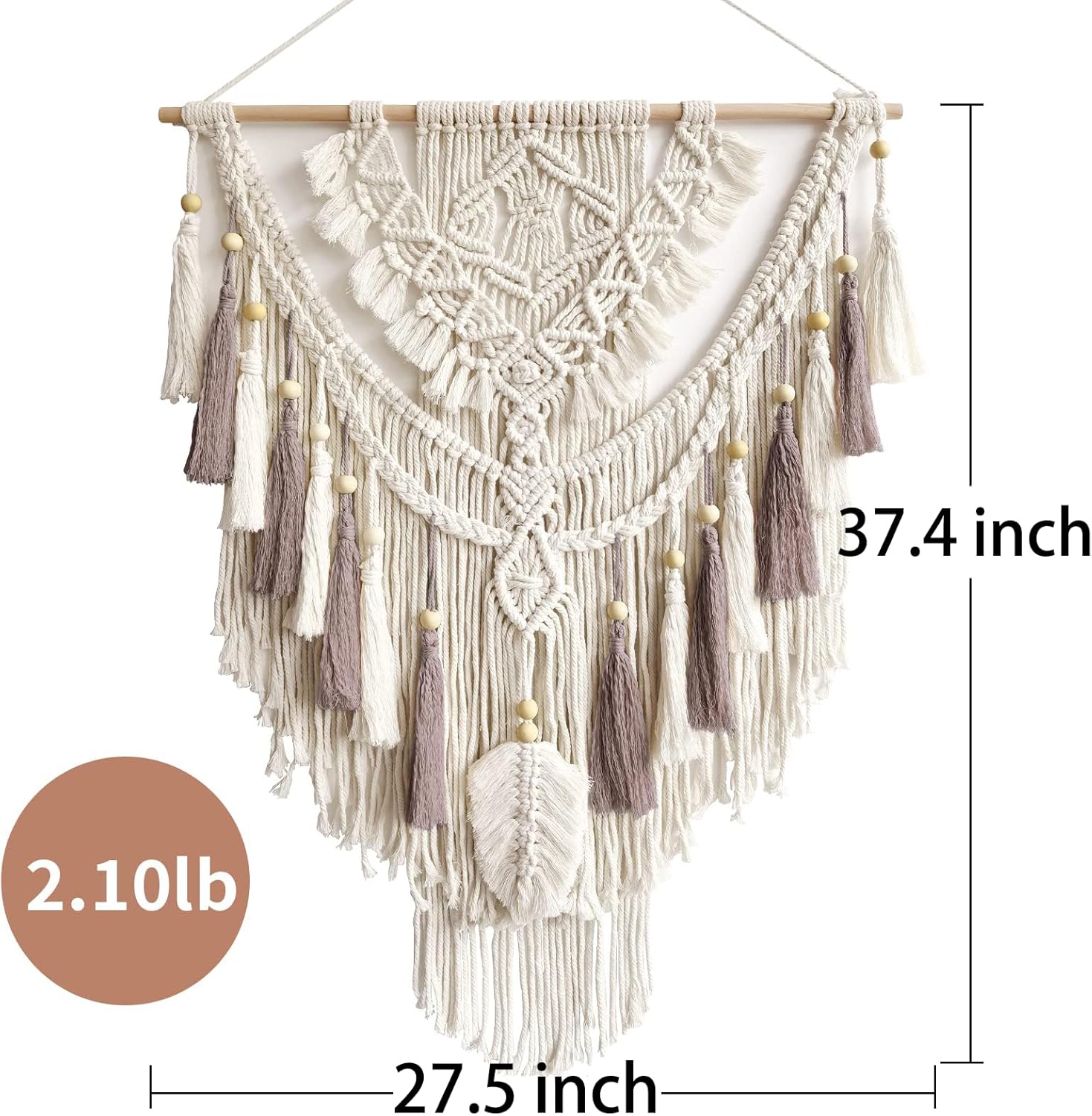 Macrame Wall Hanging, Woven Tapestry Beige & Dusty Rose Handmade Craft Macrame Wall Decor, Gallery & Nursery, Size 37.4” Lx27.5” W