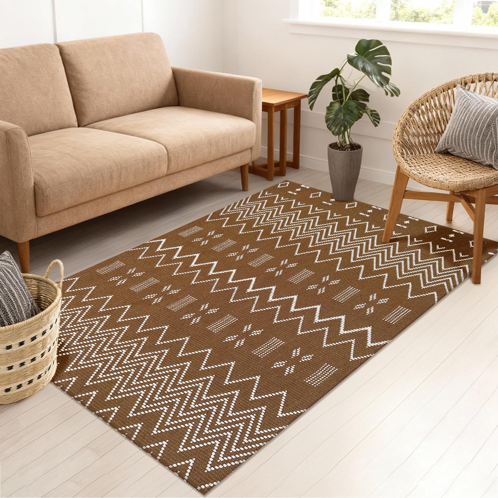 Entryway Rug,Indoor Door Mat 2x3 ft Small Area Rugs,Boho Style Braided Rug,Neutral Solid Rugs,Entrance Doormat for Front Porch,Bathroom,Kitchen,Bedroom,Tan Brown