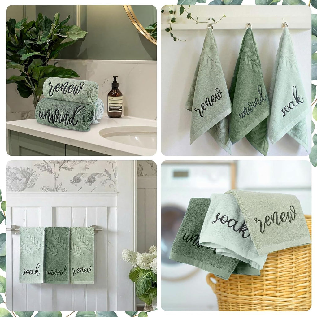 Moukeren 3 Pcs Sage Green Hand Towels for Bathroom 100% Cotton Jacquard Embroidered Soak Unwind Breathe Bath Towels Bathroom Spa Kitchen Dishcloth Gift Set Farmhouse Decorations(Green Leaves)