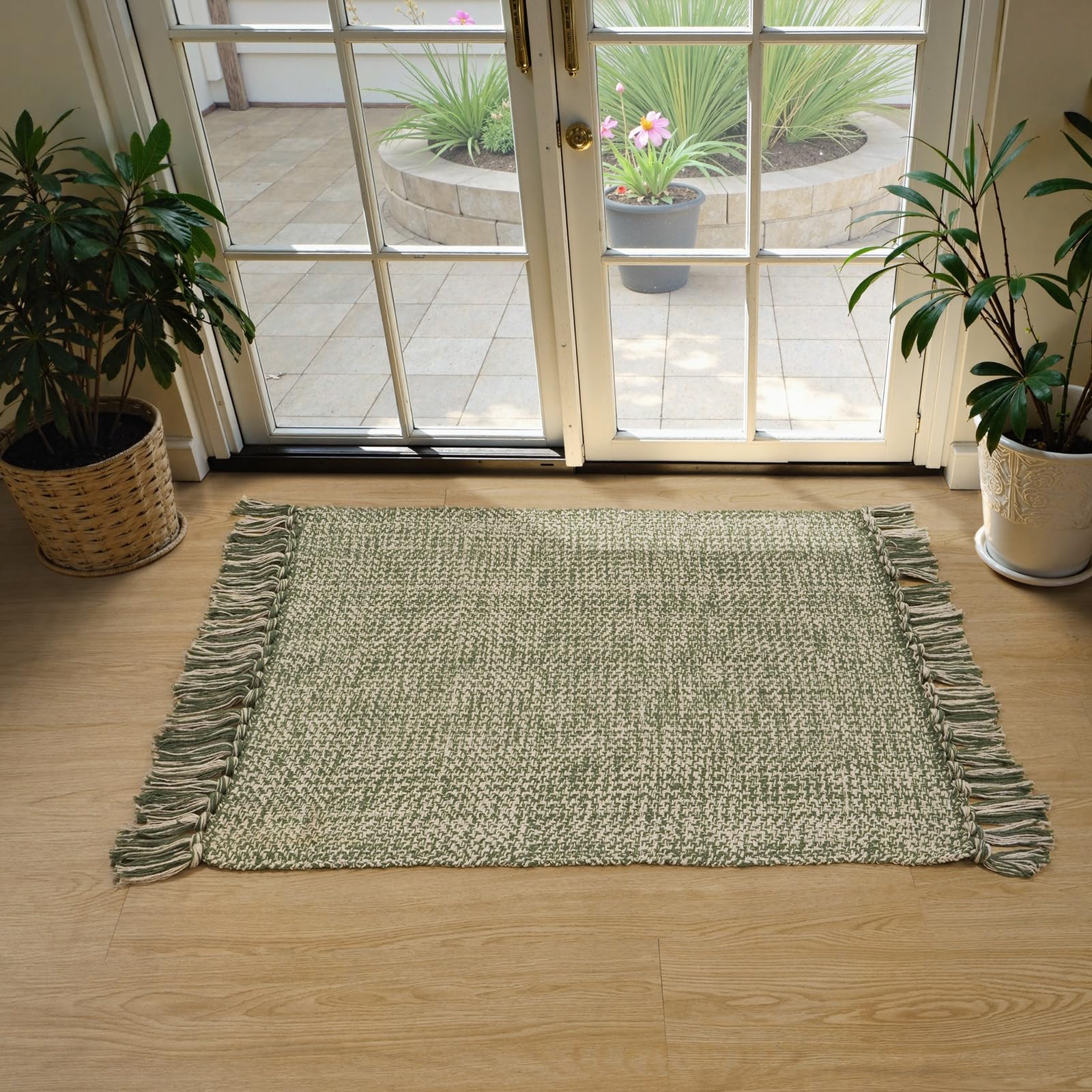 Collive Small Bathroom Rug, 2' x 3' Hand-Woven Low Profile Front Entryway Rug, Olive Green/Cream Cotton Reversible Washable Kitchen Mat Modern Farmhouse Carpet for Foyer Bedroom Back Door Decor