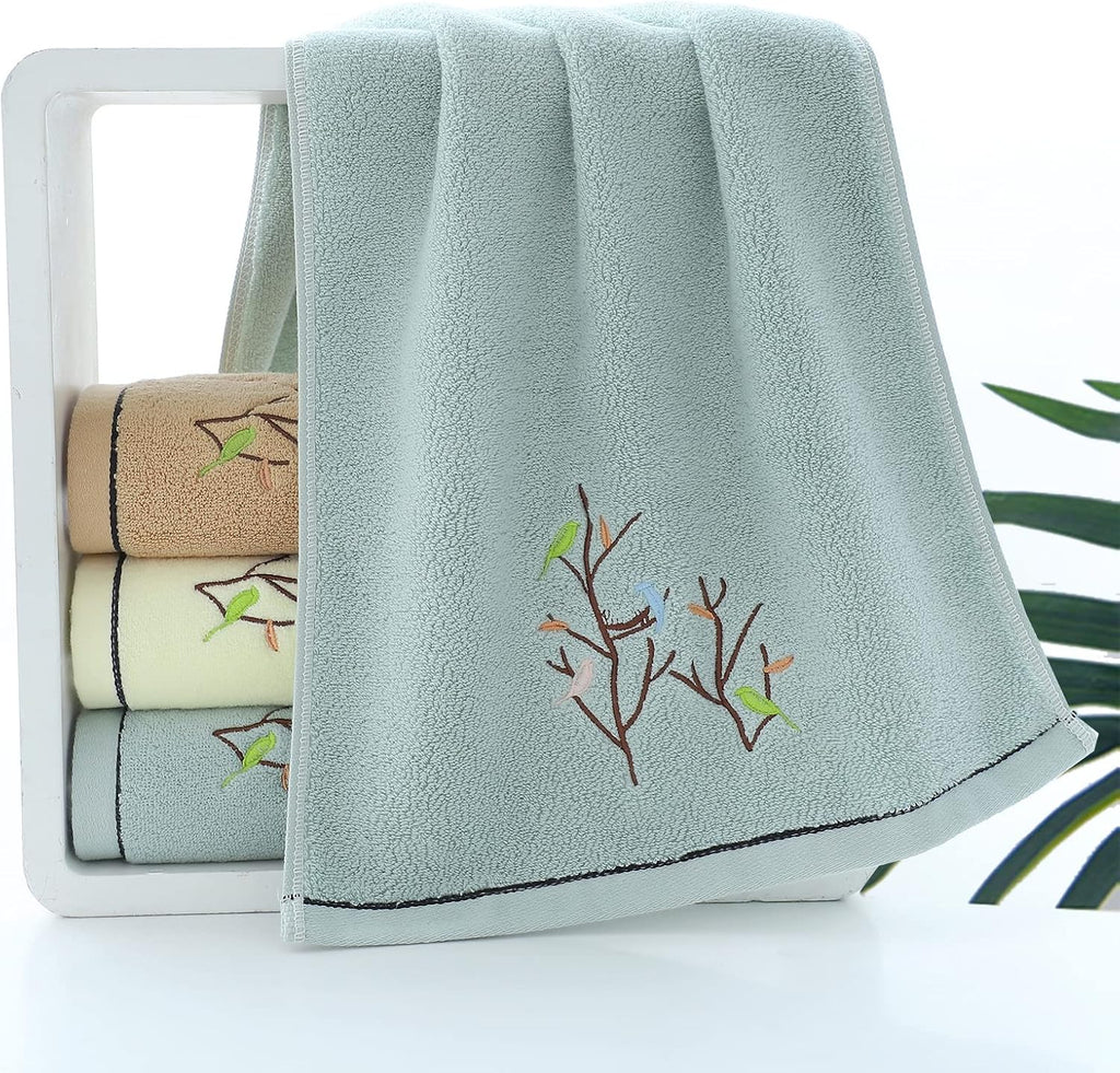 Pidada Hand Towels Set of 4 Embroidered Bird Tree Pattern 100% Cotton Absorbent Soft Decorative Towel for Bathroom (Aqua Green)