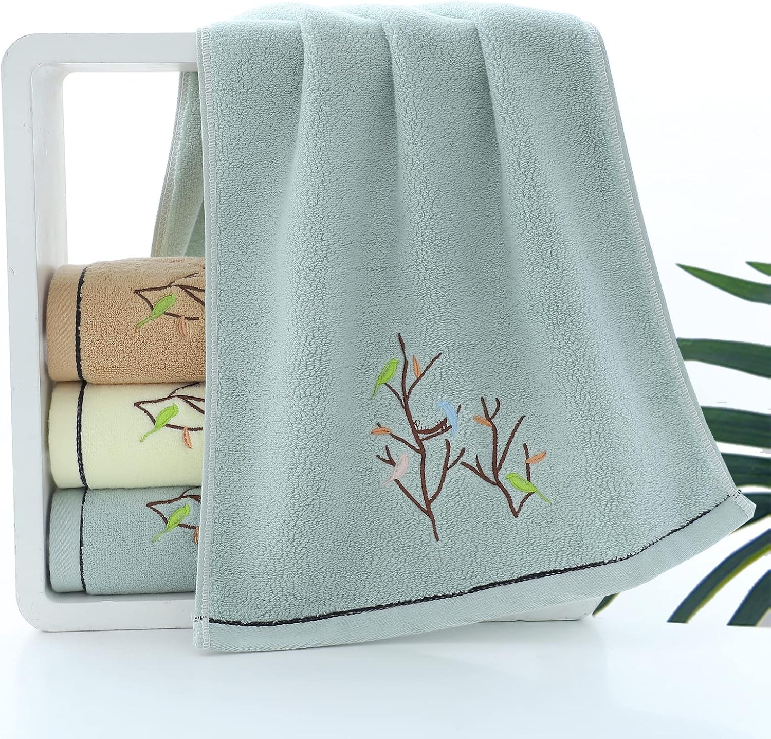 Pidada Hand Towels Set of 4 Embroidered Bird Tree Pattern 100% Cotton Absorbent Soft Decorative Towel for Bathroom (Aqua Green)