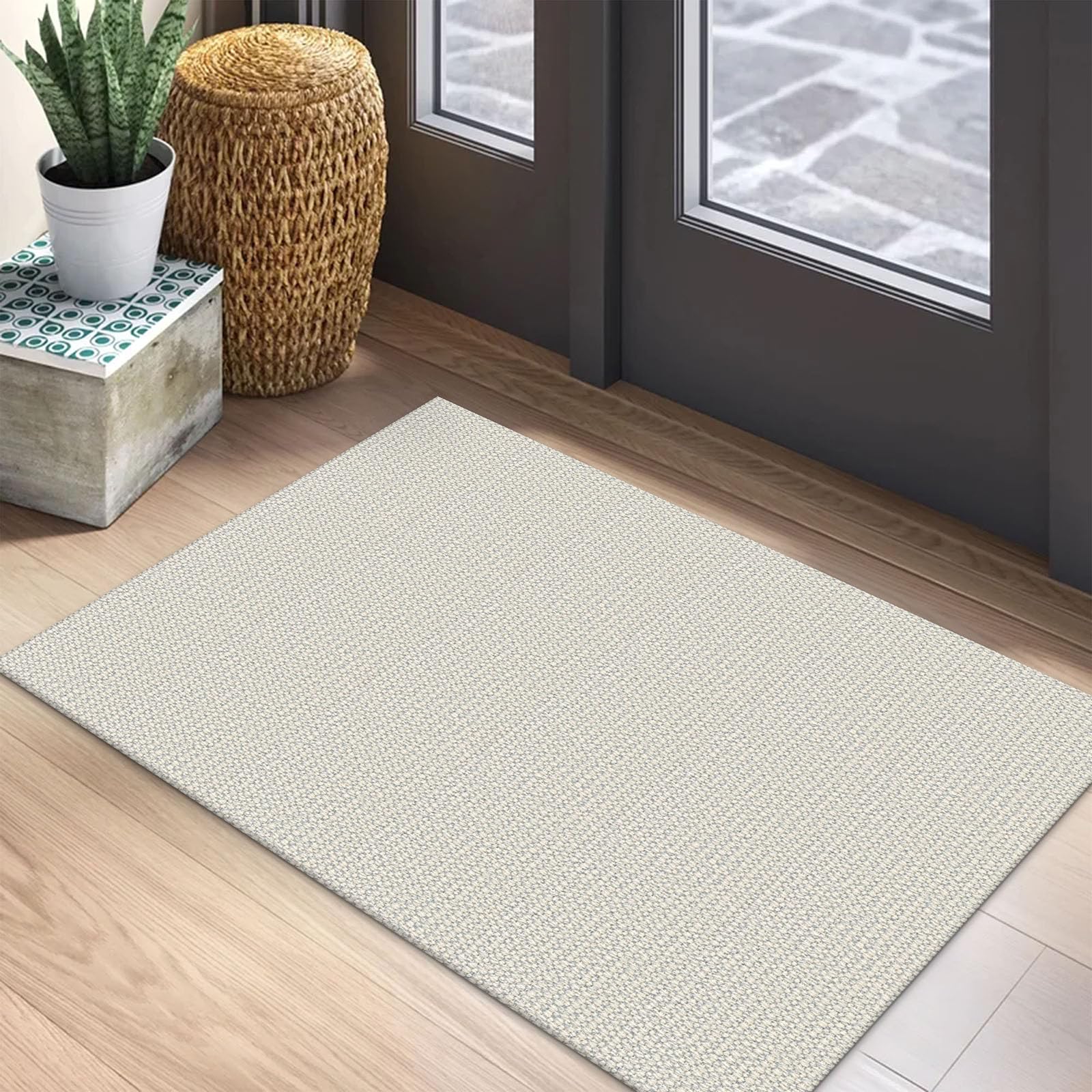 EARTHALL Small Area Rug 2x3 Ft Washable Rugs for Entryway Non Slip Braided Throw Rugs with Rubber Backing Door Mat Indoor Outdoor Entrance Cotton Woven Carpet for Kitchen Foyer Front Door, Khaki/Beige