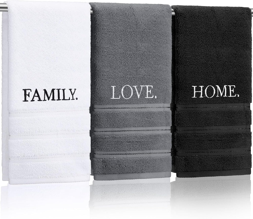 3 Pcs Farmhouse Decorative Hand Towels for Bathroom and Kitchen Rustic Embroidered Cotton Hand Towels Decorative Set for Boho Bathroom Decor(Black,Home Love Family)