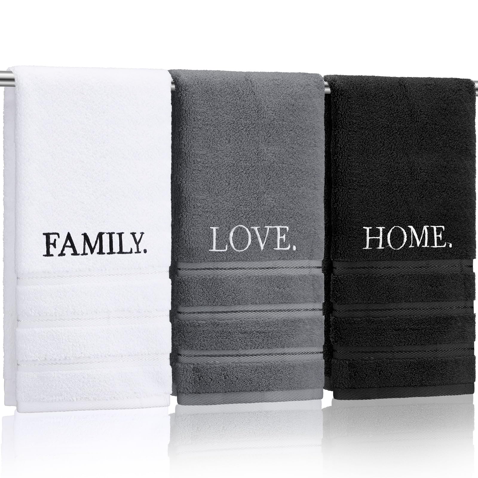3 Pcs Farmhouse Decorative Hand Towels for Bathroom and Kitchen Rustic Embroidered Cotton Hand Towels Decorative Set for Boho Bathroom Decor(Black,Home Love Family)