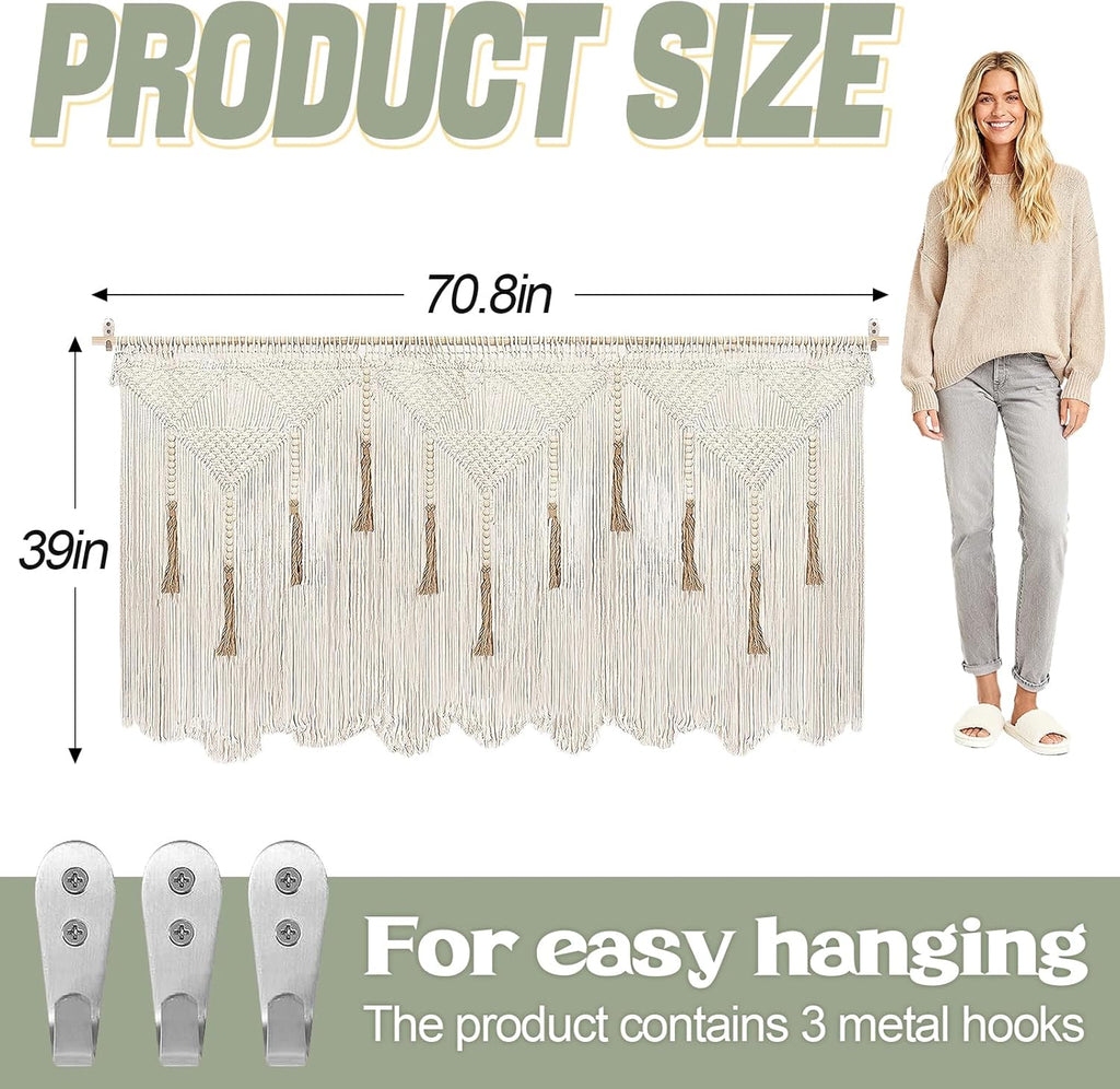 Extra Large Macrame Wall Hanging 70.8" × 39" Boho Tapestry Woven Decor- Cotton Tassel Curtain Beige Chic Bohemian Wall Art for Home Living Room Bedroom Dorm Wedding (Includes Rod)