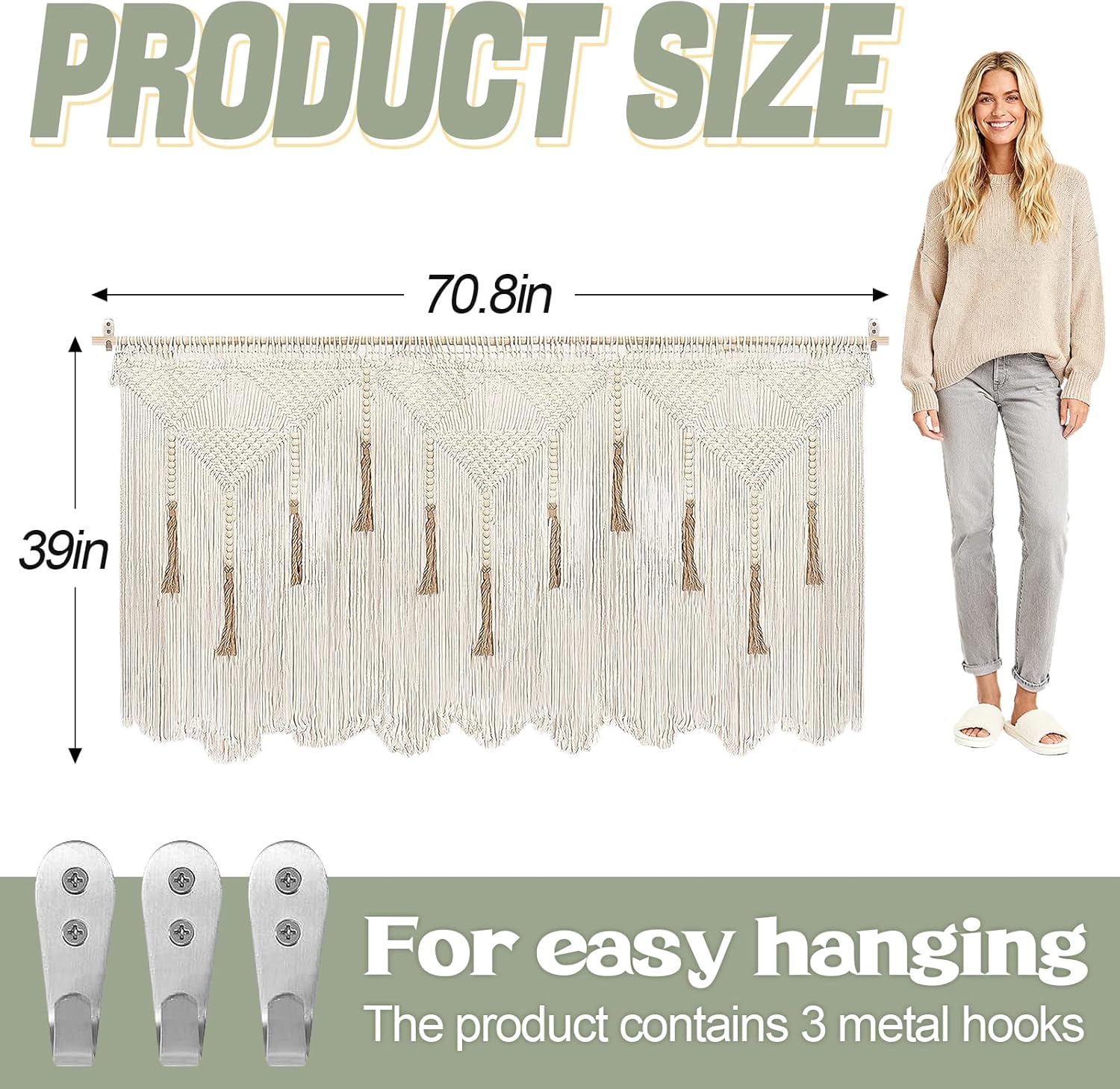 Extra Large Macrame Wall Hanging 70.8" × 39" Boho Tapestry Woven Decor- Cotton Tassel Curtain Beige Chic Bohemian Wall Art for Home Living Room Bedroom Dorm Wedding (Includes Rod)