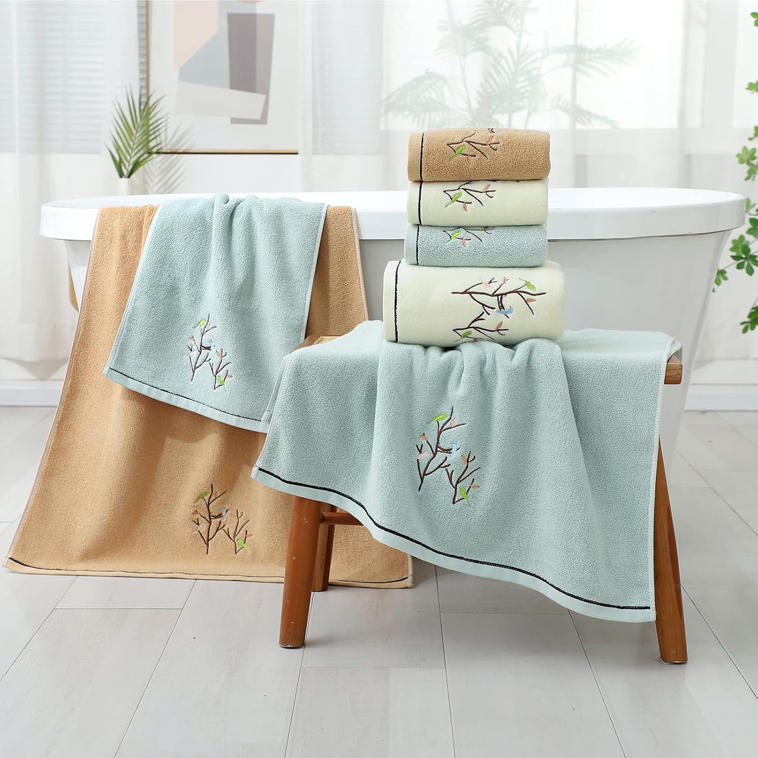 Pidada Hand Towels Set of 4 Embroidered Bird Tree Pattern 100% Cotton Absorbent Soft Decorative Towel for Bathroom (Aqua Green)