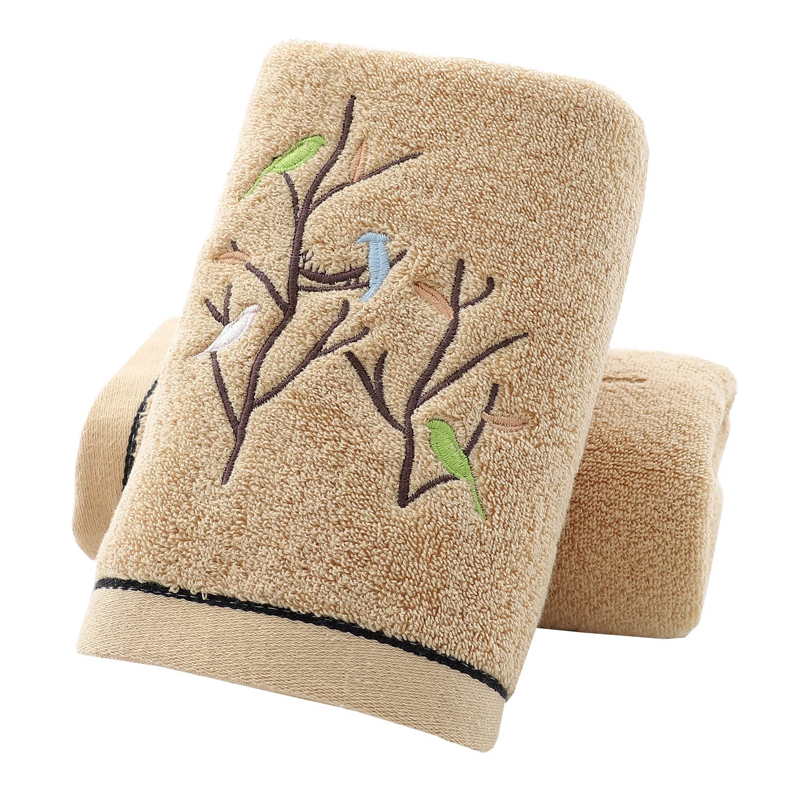 Pidada Hand Towels Set of 4 Embroidered Bird Tree Pattern 100% Cotton Absorbent Soft Decorative Towel for Bathroom (Aqua Green)