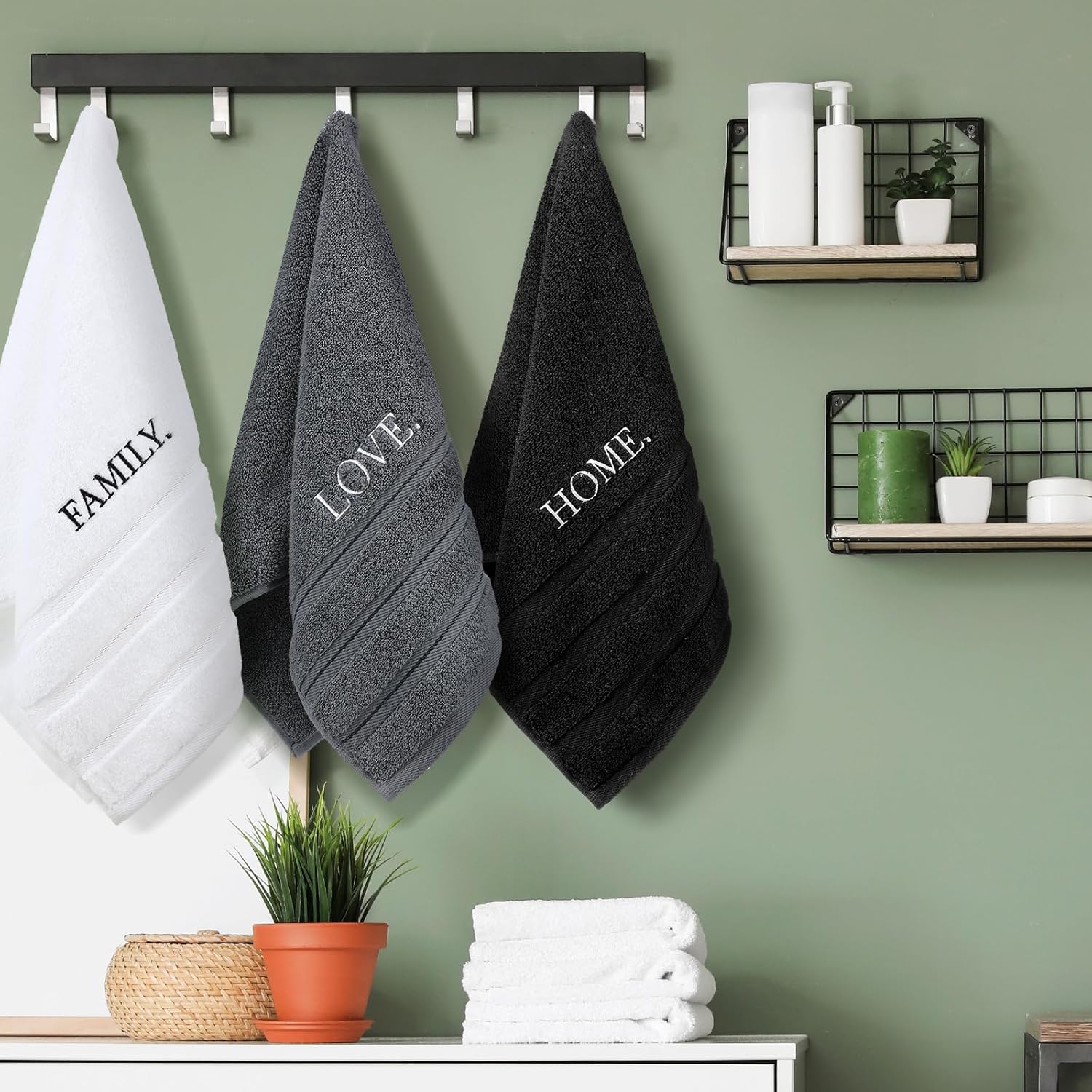 3 Pcs Farmhouse Decorative Hand Towels for Bathroom and Kitchen Rustic Embroidered Cotton Hand Towels Decorative Set for Boho Bathroom Decor(Black,Home Love Family)