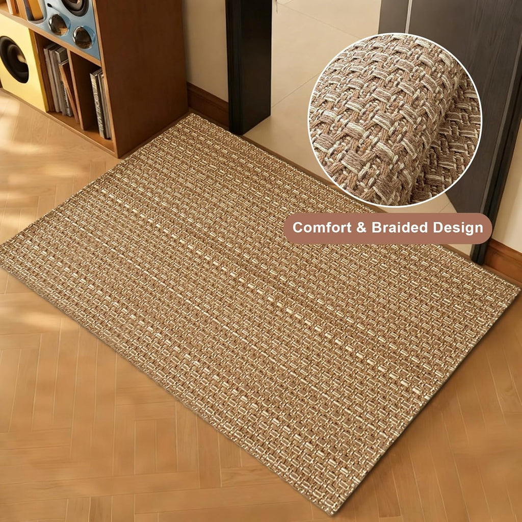 Entryway Rug,Indoor Door Mat 2x3 ft Small Area Rugs,Boho Style Braided Rug,Neutral Solid Rugs,Entrance Doormat for Front Porch,Bathroom,Kitchen,Bedroom,Tan Brown