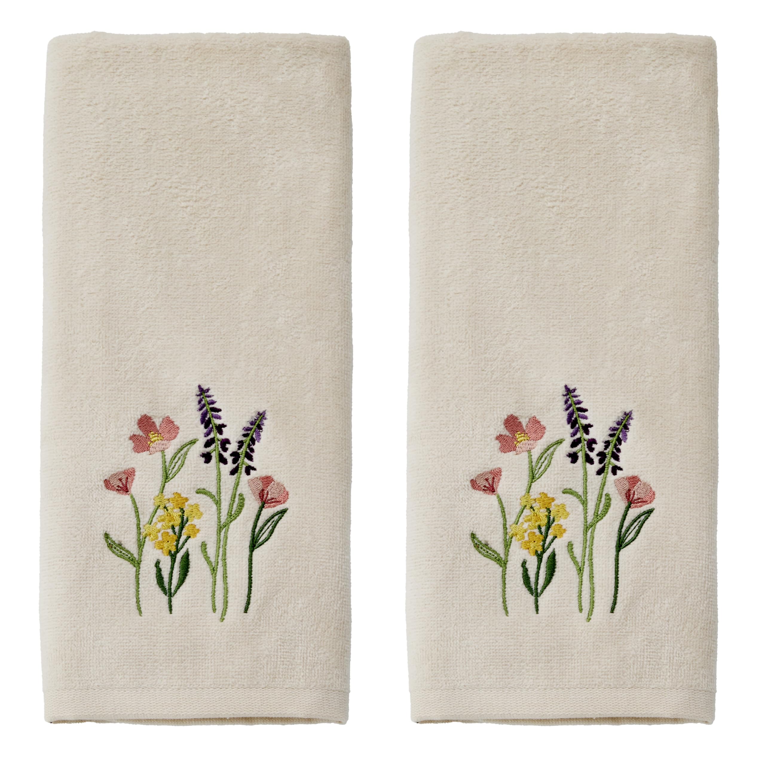 SKL Home Bee Lavender 100% Cotton Embroidered 2pc Hand Towel Set, Decorative for Bath/Kitchen/Bar & Gift, Natural