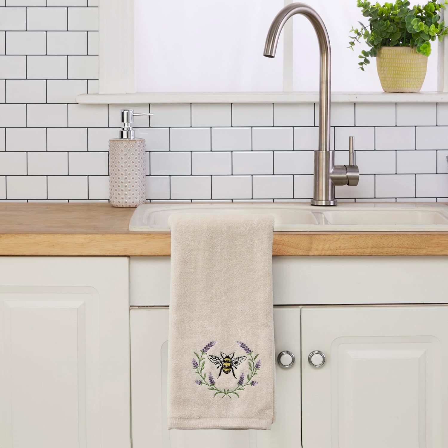 SKL Home Bee Lavender 100% Cotton Embroidered 2pc Hand Towel Set, Decorative for Bath/Kitchen/Bar & Gift, Natural