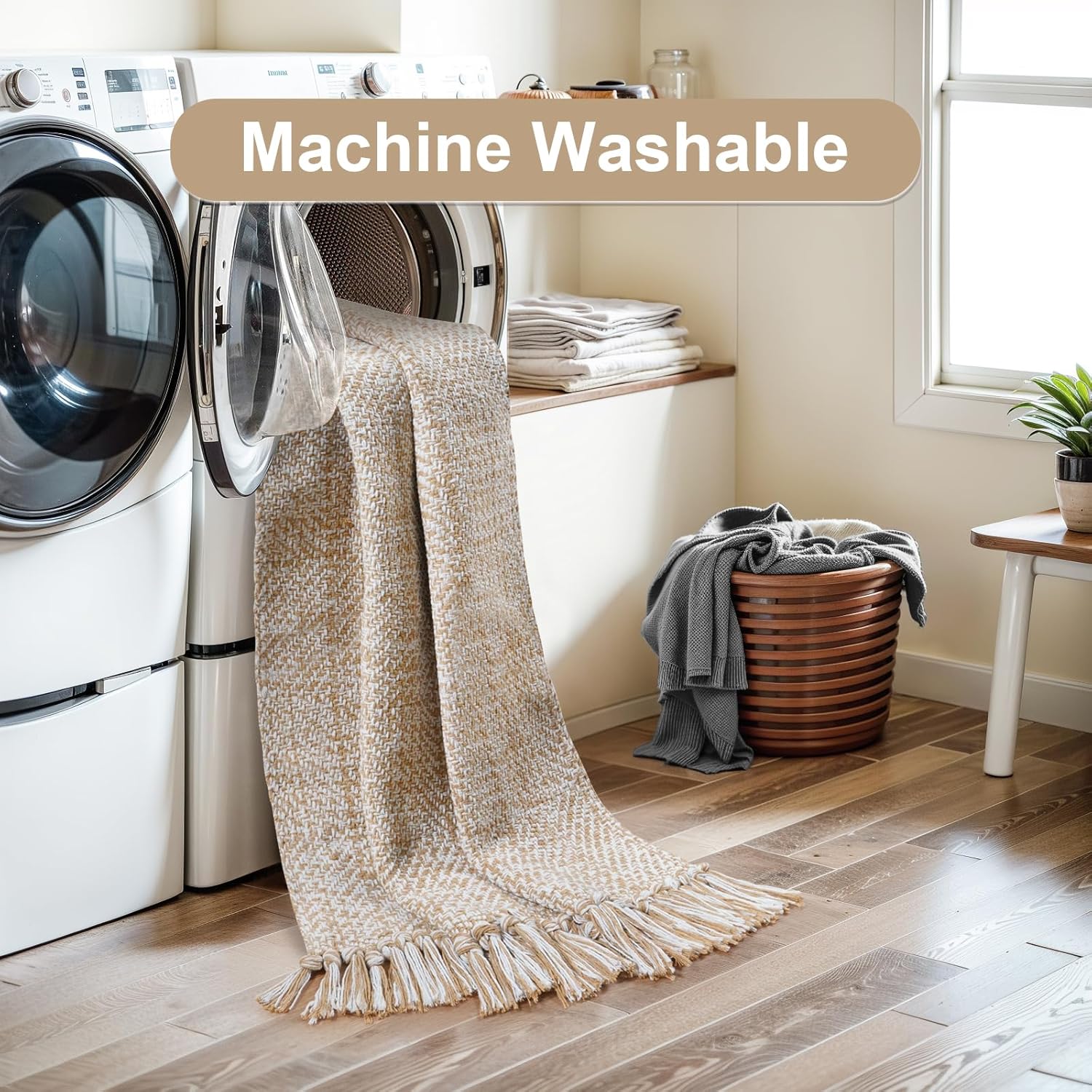 Collive Washable Area Rug 3' x 5', Modern Woven Kitchen Rugs, Tan/Cream Braided Cotton Rug Indoor Door Mat Throw Carpet for Entryway Living Room Nursery Mudroom Laundry Room