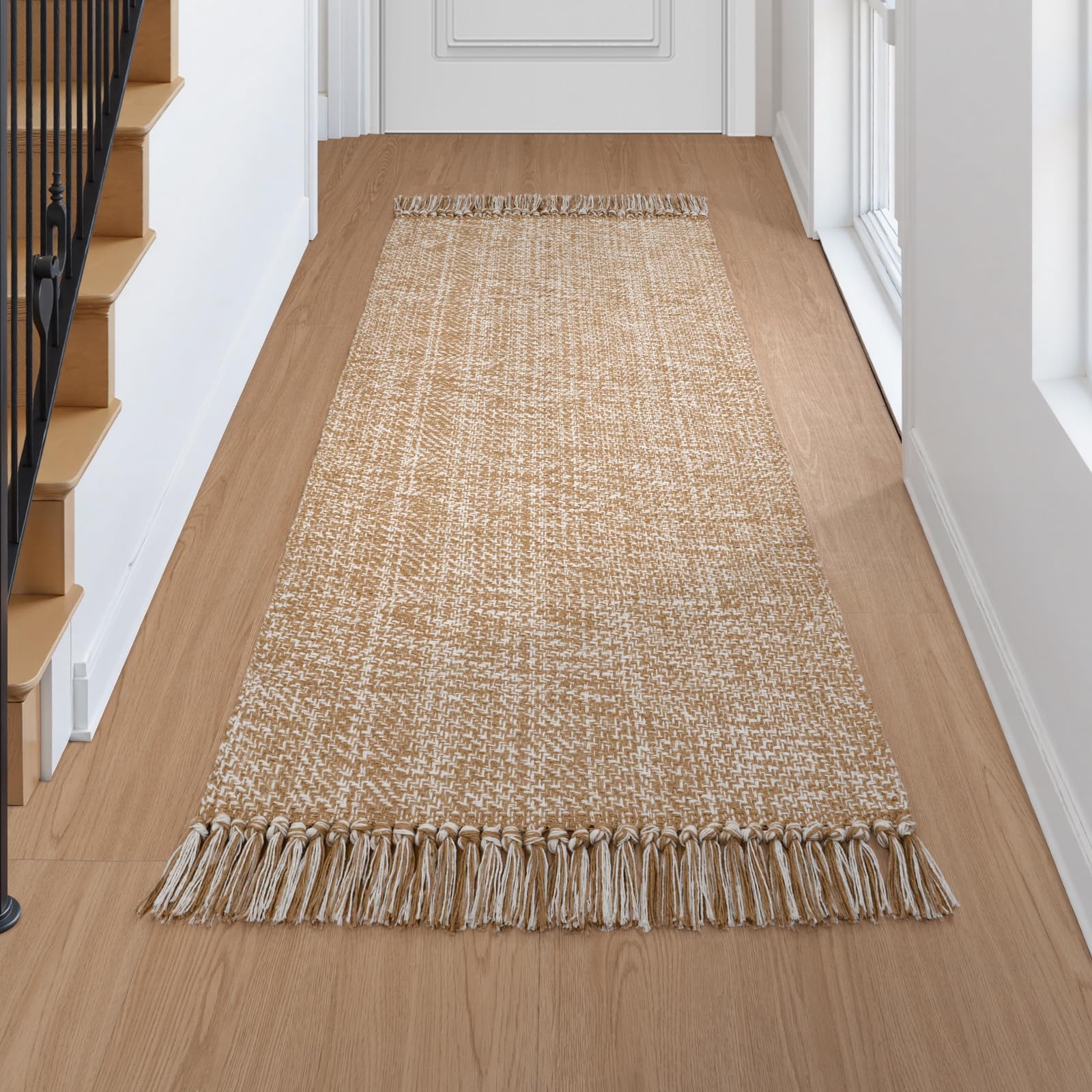Collive Washable Area Rug 3' x 5', Modern Woven Kitchen Rugs, Tan/Cream Braided Cotton Rug Indoor Door Mat Throw Carpet for Entryway Living Room Nursery Mudroom Laundry Room