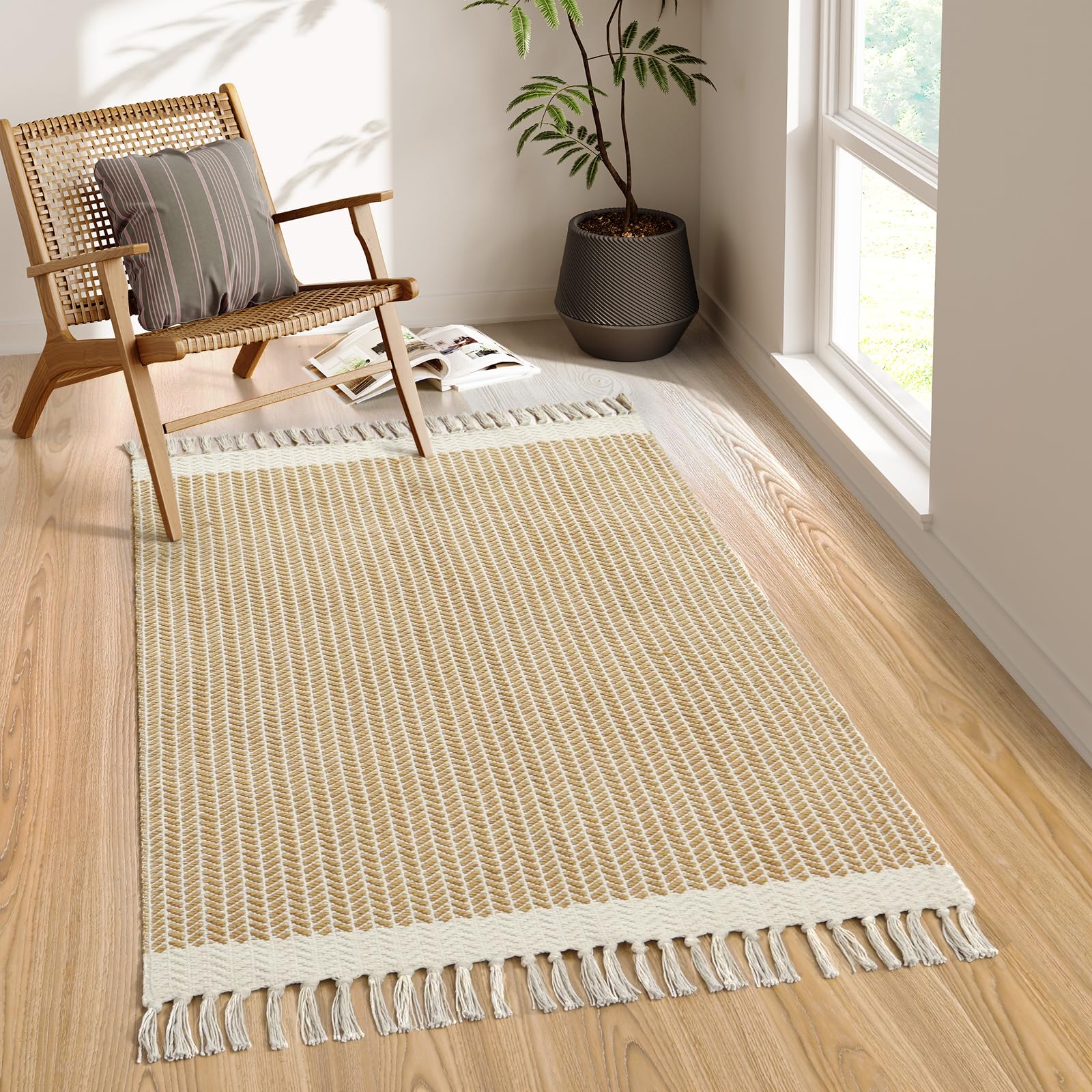 Lahome Belle Boho Entryway Rug, 3x5 Rugs for Bedroom Lightweight Washable Throw Rug Woven Cotton Bathroom Carpet with Tassels, Farmhouse Black and White Rugs for Living Room Kitchen Office Dorm