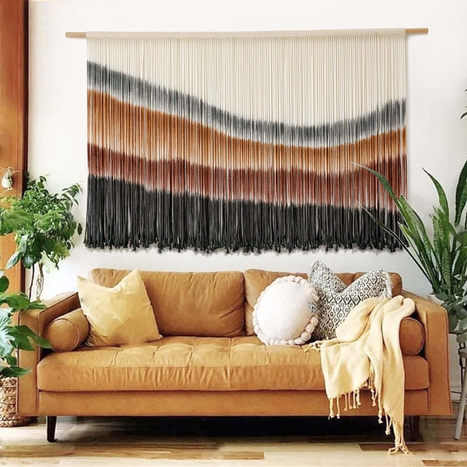 Flber Large Macrame Wall Hanging – Boho Yarn Art Garland with Tassels and Beads, Handmade Rope Decor for Nursery, Party, Wedding, Bedroom, Fireplace Mantel, or Photo Backdrop 57" W x 41" L