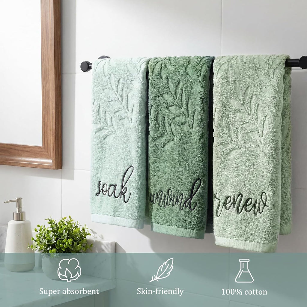 Moukeren 3 Pcs Sage Green Hand Towels for Bathroom 100% Cotton Jacquard Embroidered Soak Unwind Breathe Bath Towels Bathroom Spa Kitchen Dishcloth Gift Set Farmhouse Decorations(Green Leaves)