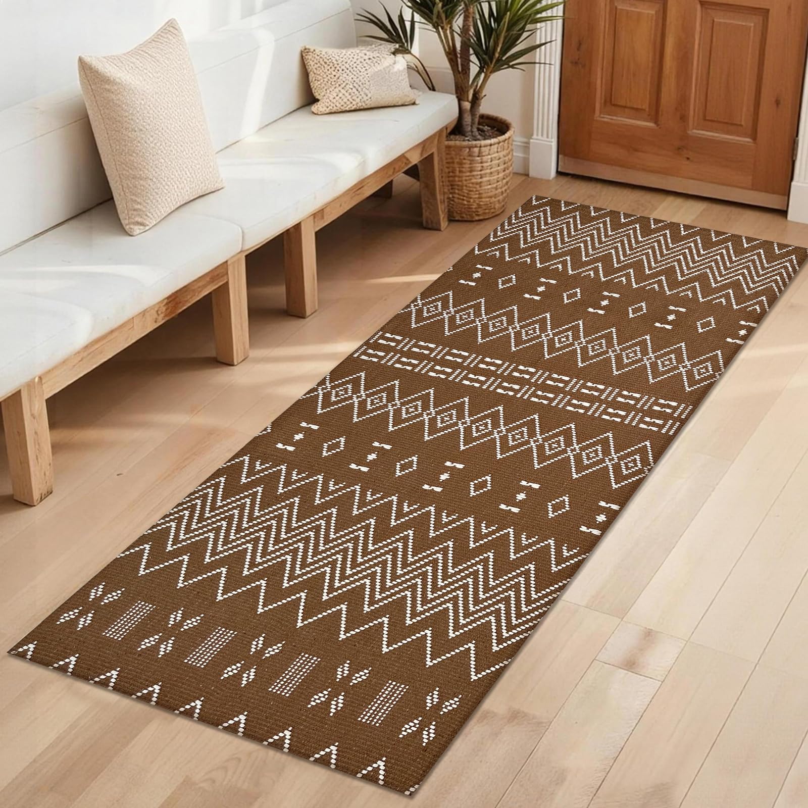 Entryway Rug,Indoor Door Mat 2x3 ft Small Area Rugs,Boho Style Braided Rug,Neutral Solid Rugs,Entrance Doormat for Front Porch,Bathroom,Kitchen,Bedroom,Tan Brown