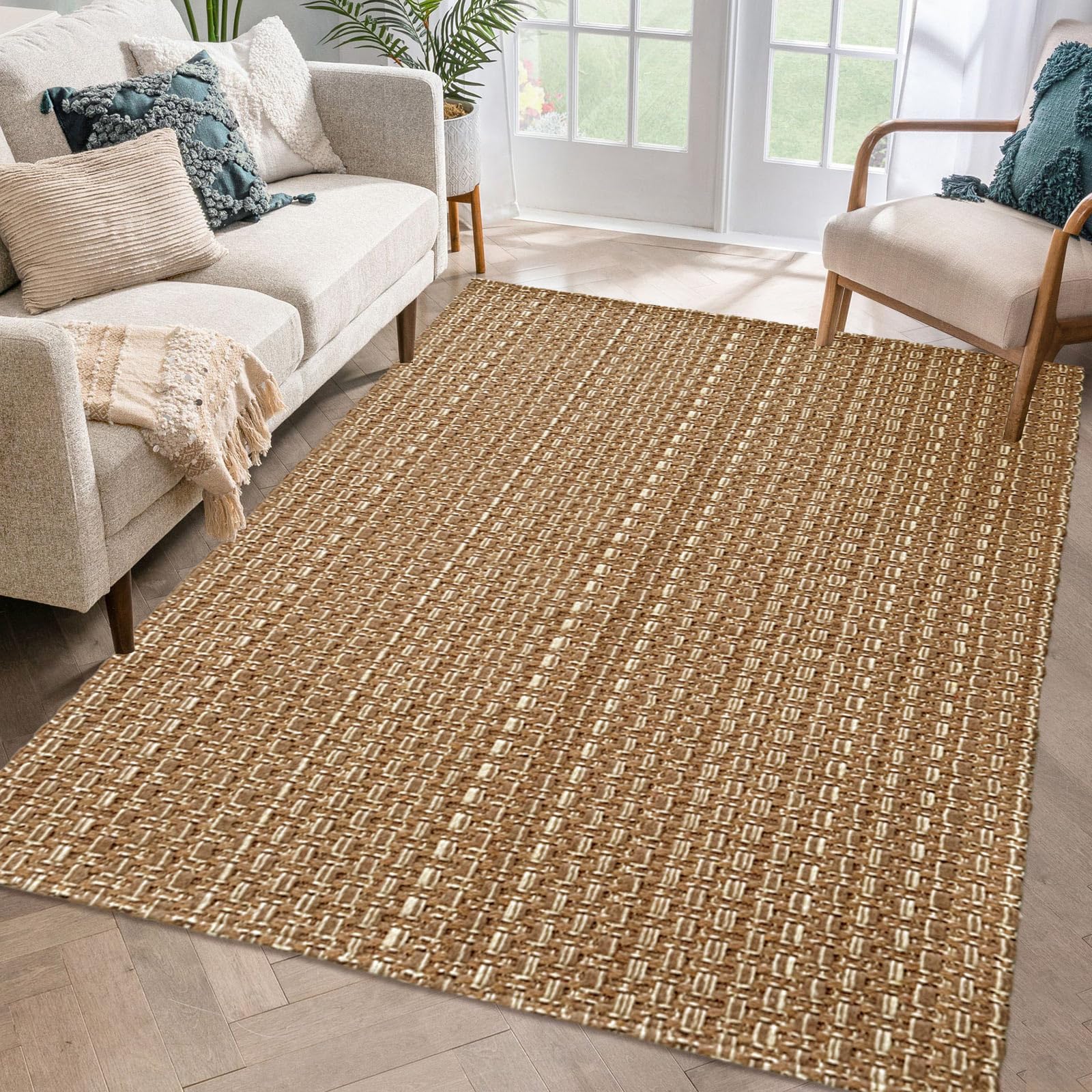 Entryway Rug,Indoor Door Mat 2x3 ft Small Area Rugs,Boho Style Braided Rug,Neutral Solid Rugs,Entrance Doormat for Front Porch,Bathroom,Kitchen,Bedroom,Tan Brown