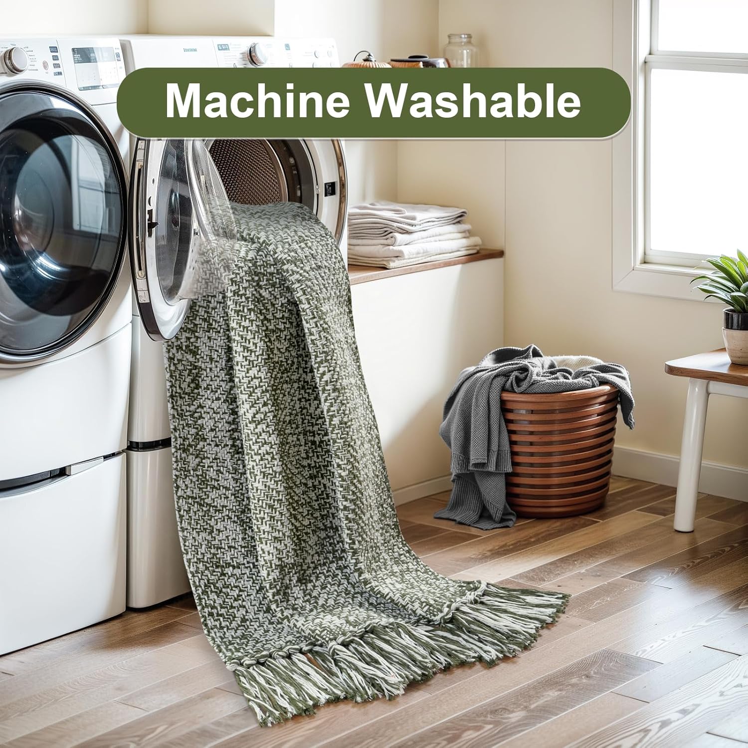 Collive Small Bathroom Rug, 2' x 3' Hand-Woven Low Profile Front Entryway Rug, Olive Green/Cream Cotton Reversible Washable Kitchen Mat Modern Farmhouse Carpet for Foyer Bedroom Back Door Decor