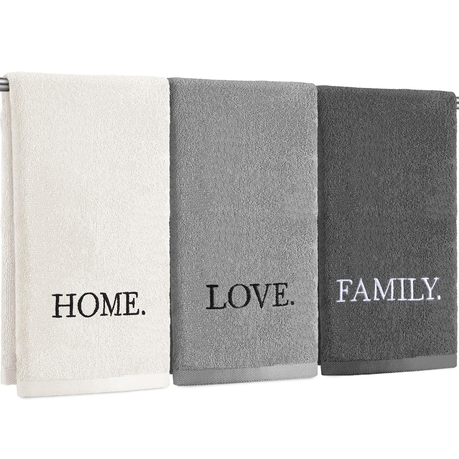 3 Pcs Farmhouse Decorative Hand Towels for Bathroom and Kitchen Rustic Embroidered Cotton Hand Towels Decorative Set for Boho Bathroom Decor(Black,Home Love Family)