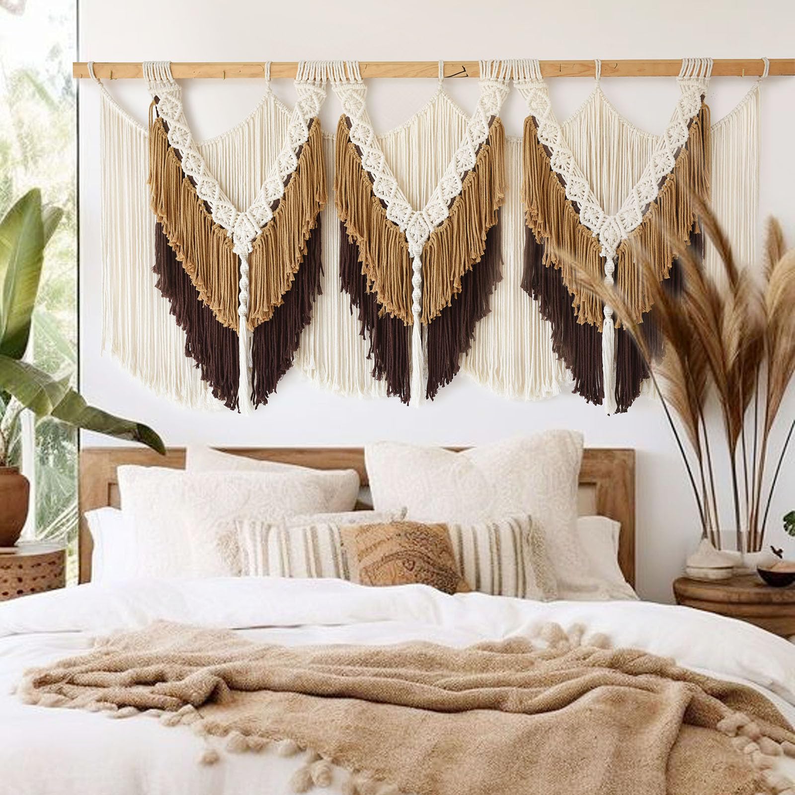 IOWER Boho Woven Wall Hanging Handwoven Brown and White Geometric Tapestry Handmade Macrame Decor for Modern Bedroom Living Room Apartment Office Home 47" W x 35" L