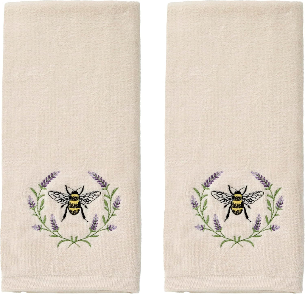 SKL Home Bee Lavender 100% Cotton Embroidered 2pc Hand Towel Set, Decorative for Bath/Kitchen/Bar & Gift, Natural
