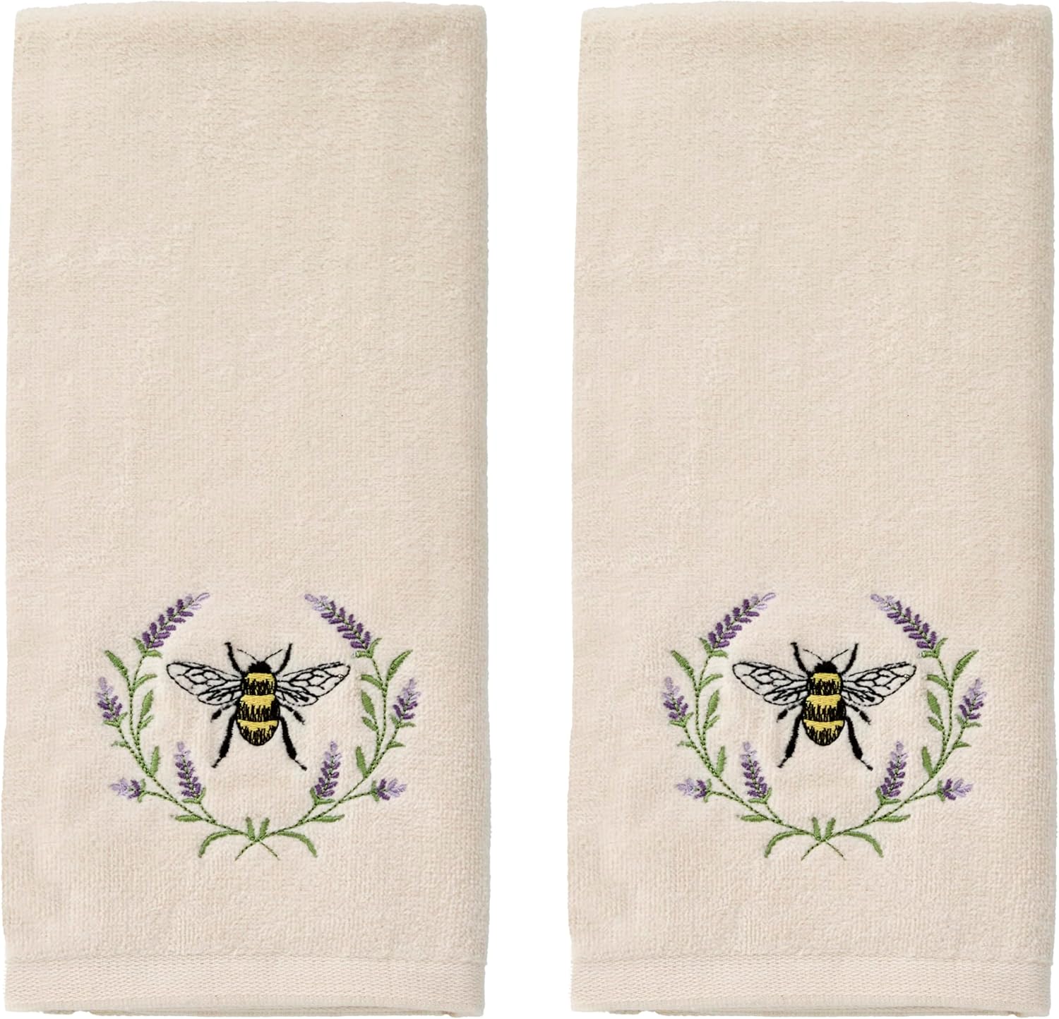 SKL Home Bee Lavender 100% Cotton Embroidered 2pc Hand Towel Set, Decorative for Bath/Kitchen/Bar & Gift, Natural