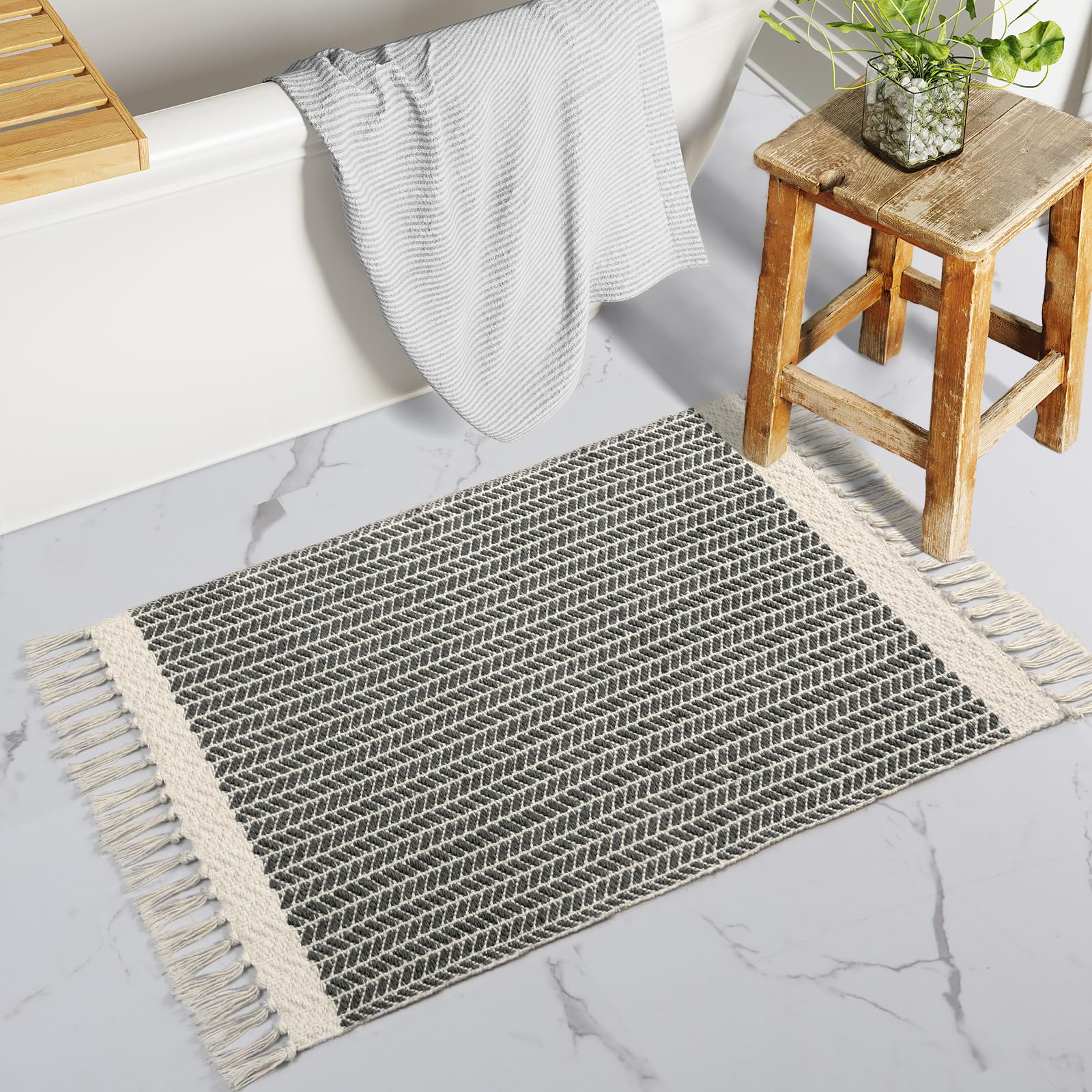 Lahome Belle Boho Entryway Rug, 3x5 Rugs for Bedroom Lightweight Washable Throw Rug Woven Cotton Bathroom Carpet with Tassels, Farmhouse Black and White Rugs for Living Room Kitchen Office Dorm