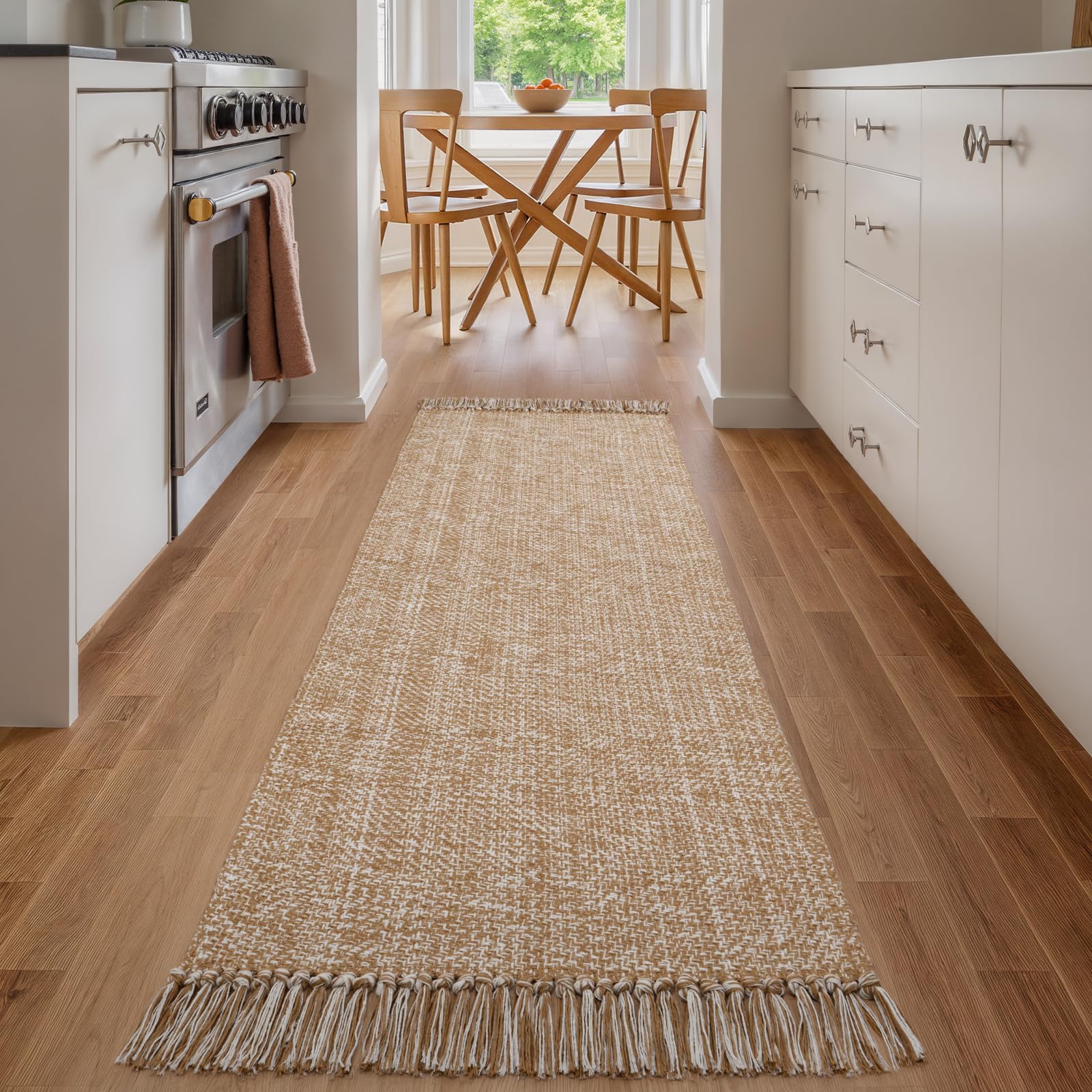 Collive Comfy Area Rug 4' x 6', Tan/Cream Woven Cotton Bedroom Rugs, Modern Indoor Accent Rug Floor Carpet with Tassel for Living Room, Nursery Room, Dining Room, Bedside, Office, Patio Decor
