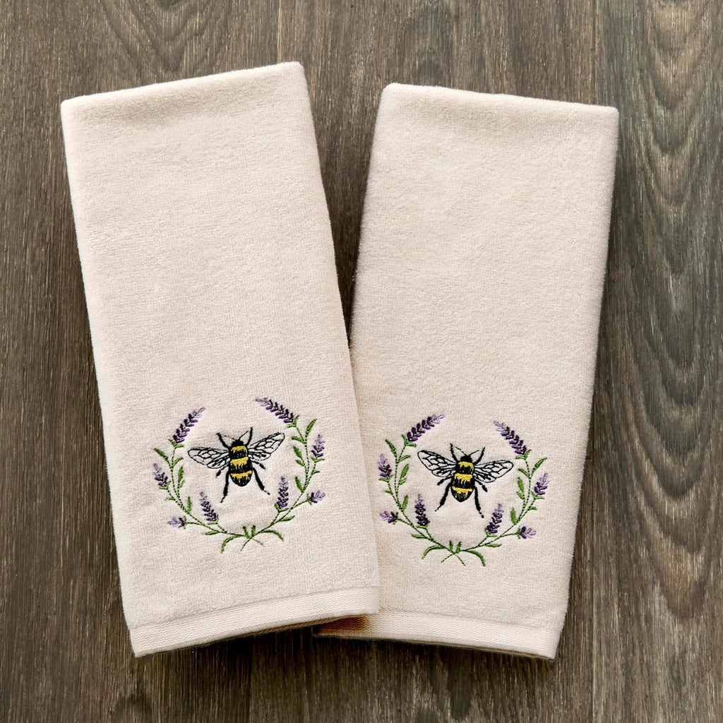 SKL Home Bee Lavender 100% Cotton Embroidered 2pc Hand Towel Set, Decorative for Bath/Kitchen/Bar & Gift, Natural