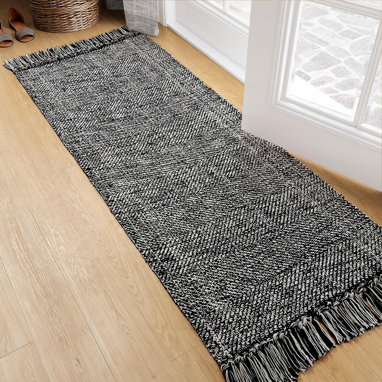 Collive Small Bathroom Rug, 2' x 3' Hand-Woven Low Profile Front Entryway Rug, Olive Green/Cream Cotton Reversible Washable Kitchen Mat Modern Farmhouse Carpet for Foyer Bedroom Back Door Decor