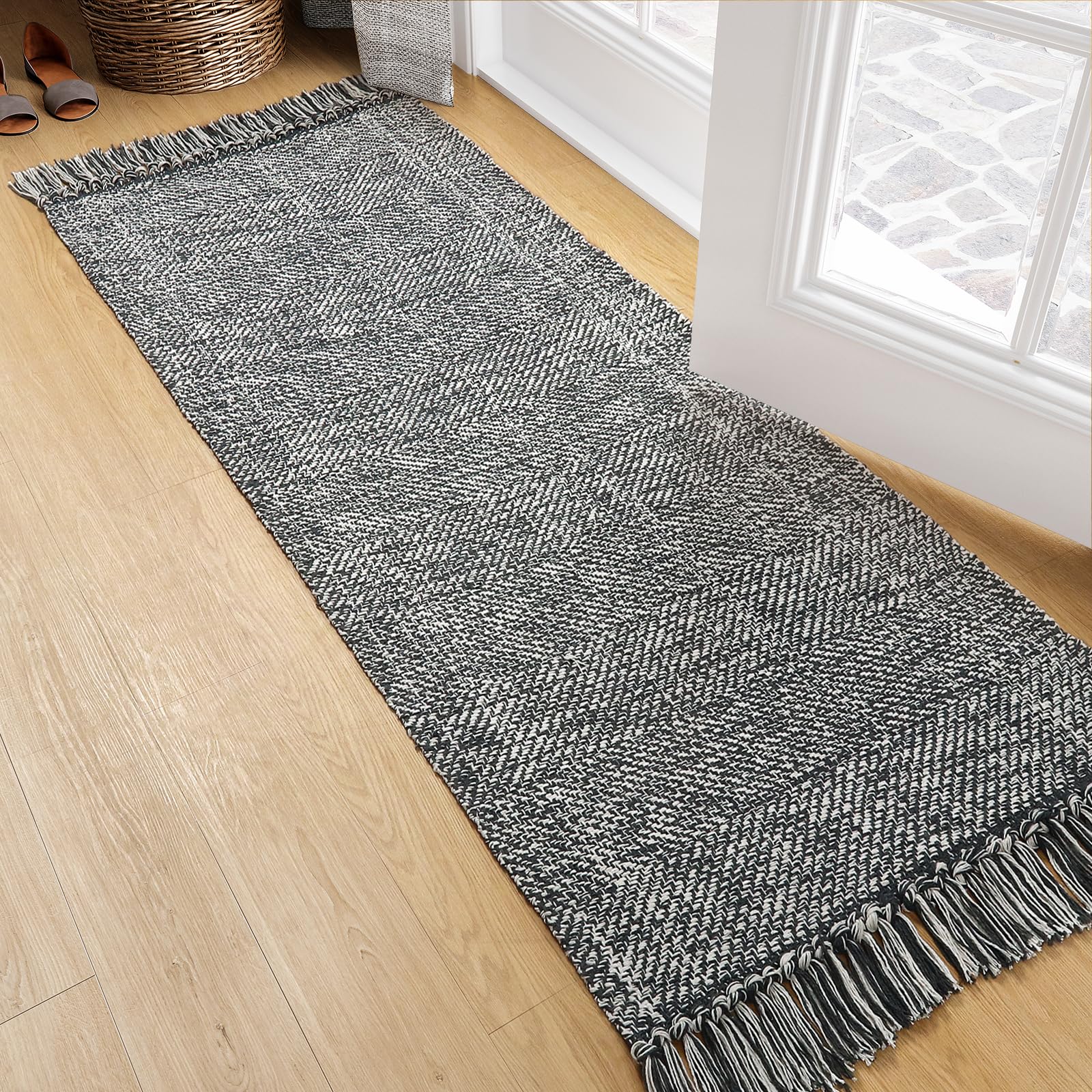 Collive Small Bathroom Rug, 2' x 3' Hand-Woven Low Profile Front Entryway Rug, Olive Green/Cream Cotton Reversible Washable Kitchen Mat Modern Farmhouse Carpet for Foyer Bedroom Back Door Decor