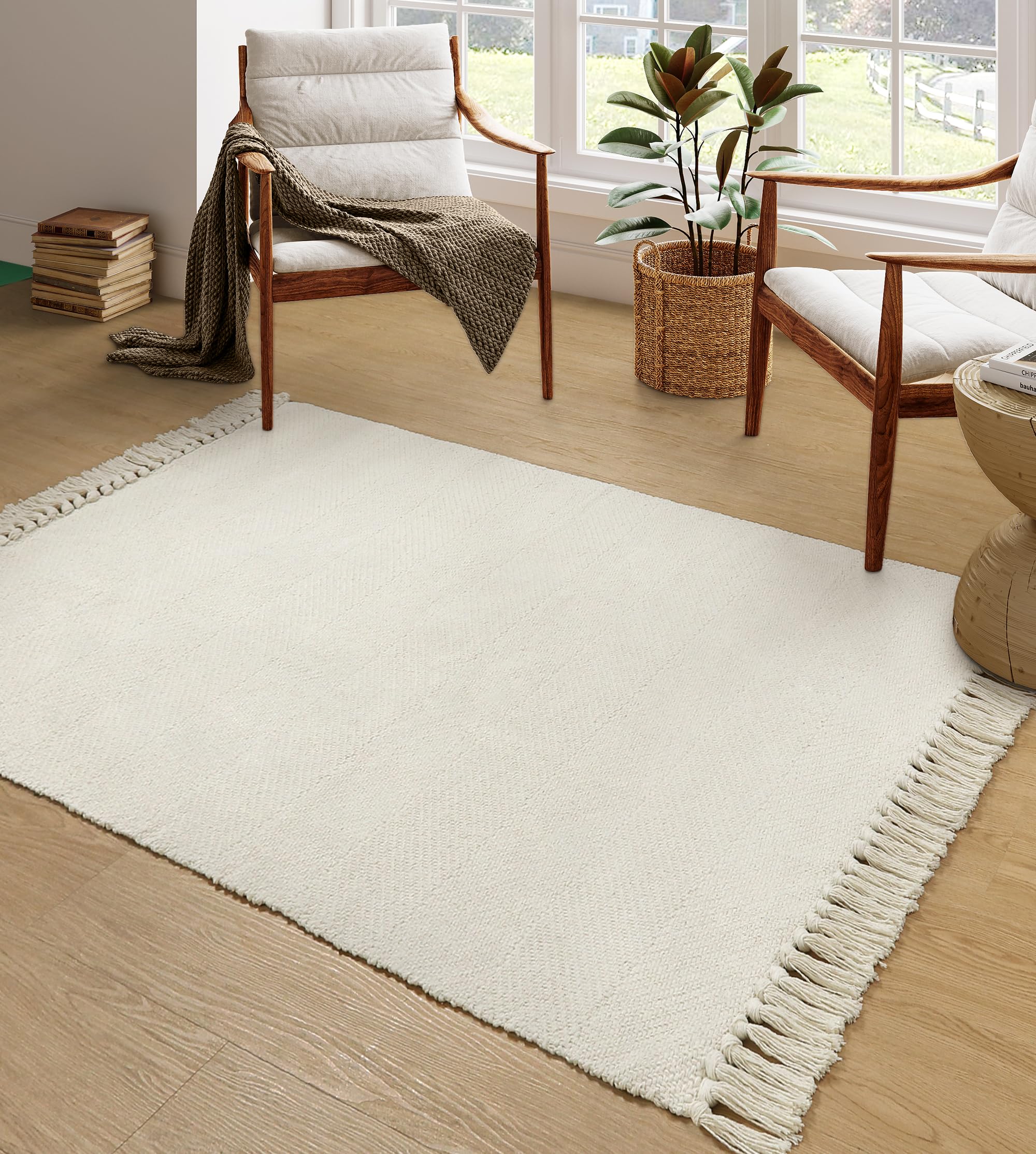 Collive Washable Area Rug 3' x 5', Modern Woven Kitchen Rugs, Tan/Cream Braided Cotton Rug Indoor Door Mat Throw Carpet for Entryway Living Room Nursery Mudroom Laundry Room