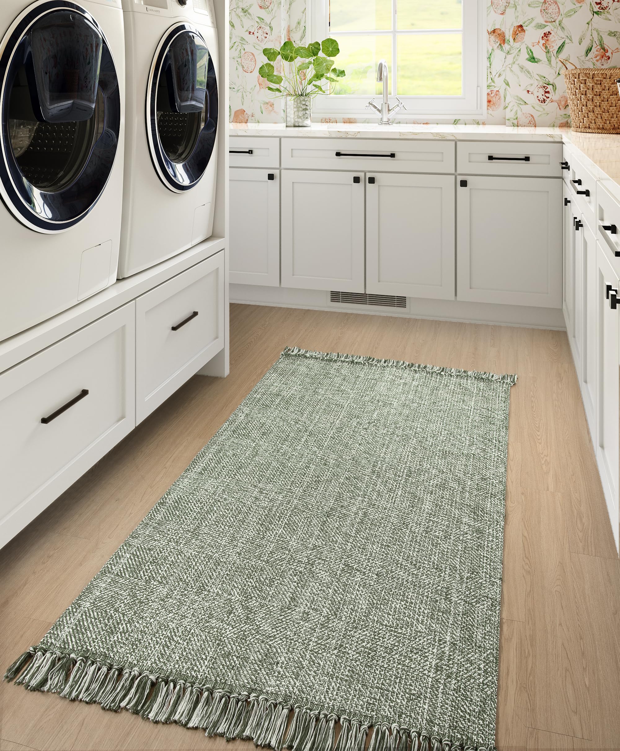 Collive Small Bathroom Rug, 2' x 3' Hand-Woven Low Profile Front Entryway Rug, Olive Green/Cream Cotton Reversible Washable Kitchen Mat Modern Farmhouse Carpet for Foyer Bedroom Back Door Decor