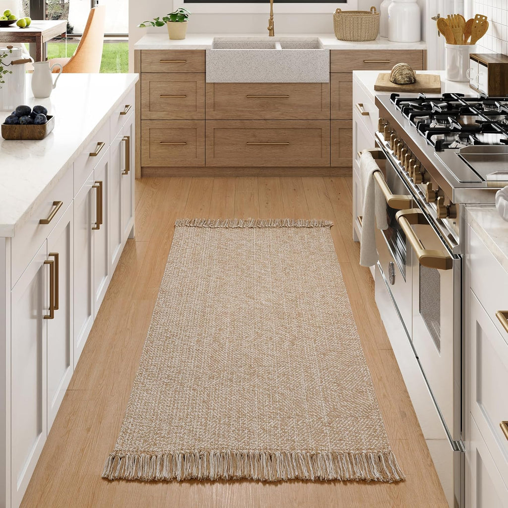 Collive Washable Area Rug 3' x 5', Modern Woven Kitchen Rugs, Tan/Cream Braided Cotton Rug Indoor Door Mat Throw Carpet for Entryway Living Room Nursery Mudroom Laundry Room