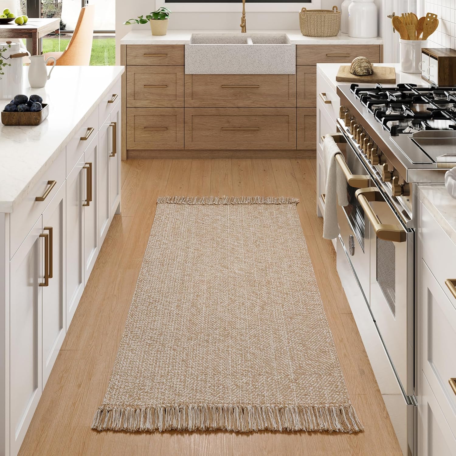 Collive Washable Area Rug 3' x 5', Modern Woven Kitchen Rugs, Tan/Cream Braided Cotton Rug Indoor Door Mat Throw Carpet for Entryway Living Room Nursery Mudroom Laundry Room