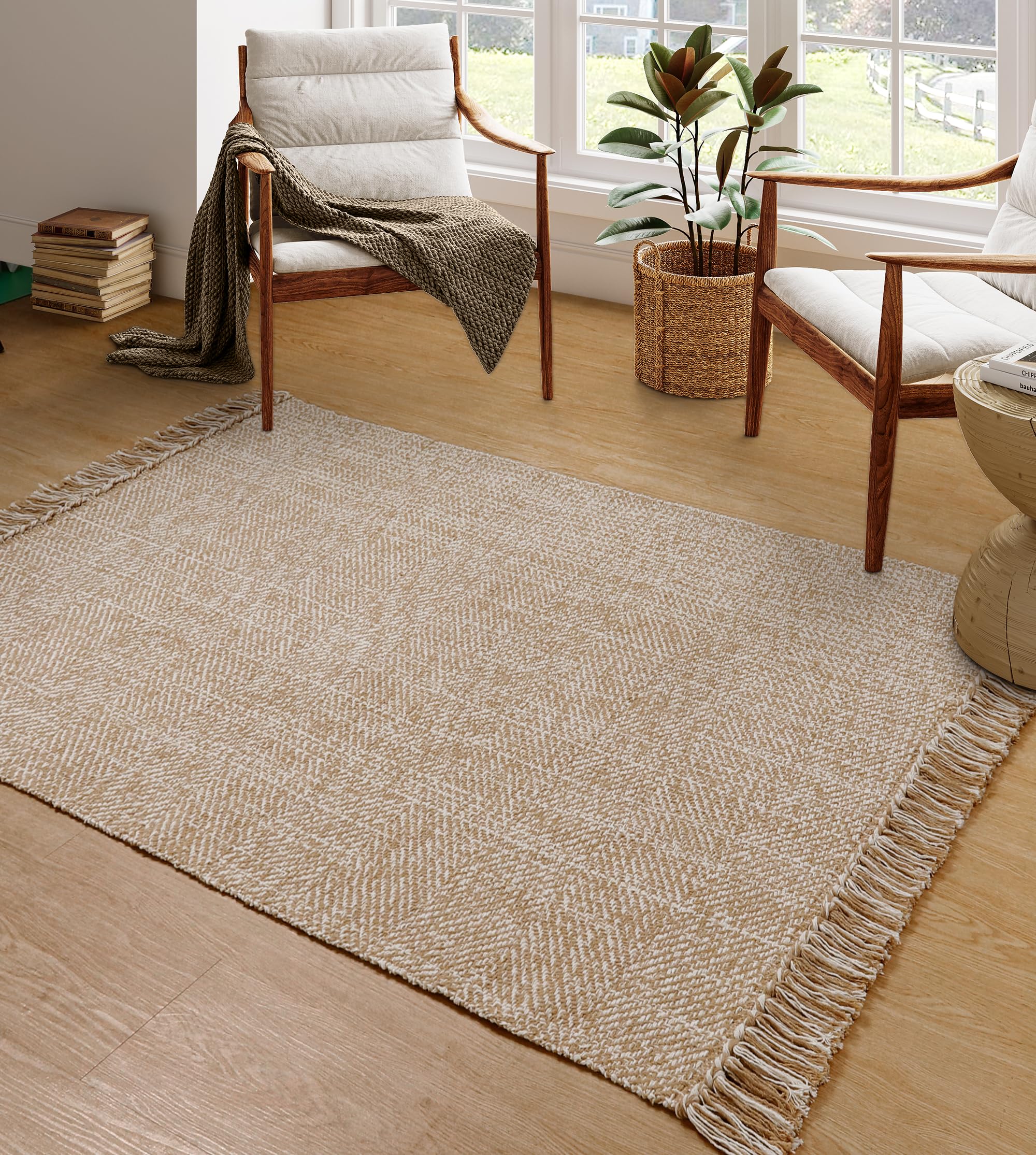 Collive Washable Area Rug 3' x 5', Modern Woven Kitchen Rugs, Tan/Cream Braided Cotton Rug Indoor Door Mat Throw Carpet for Entryway Living Room Nursery Mudroom Laundry Room
