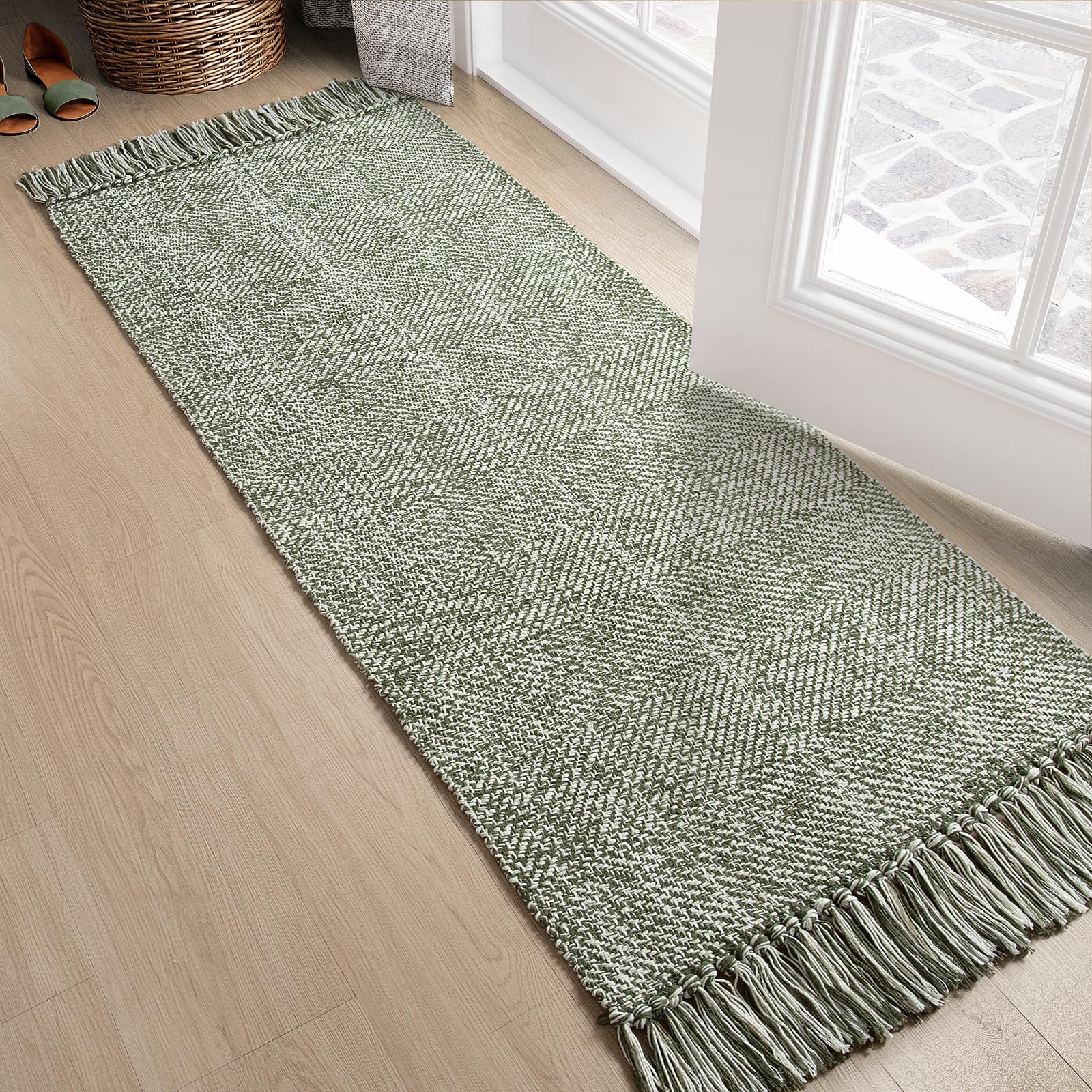 Collive Washable Area Rug 3' x 5', Modern Woven Kitchen Rugs, Tan/Cream Braided Cotton Rug Indoor Door Mat Throw Carpet for Entryway Living Room Nursery Mudroom Laundry Room
