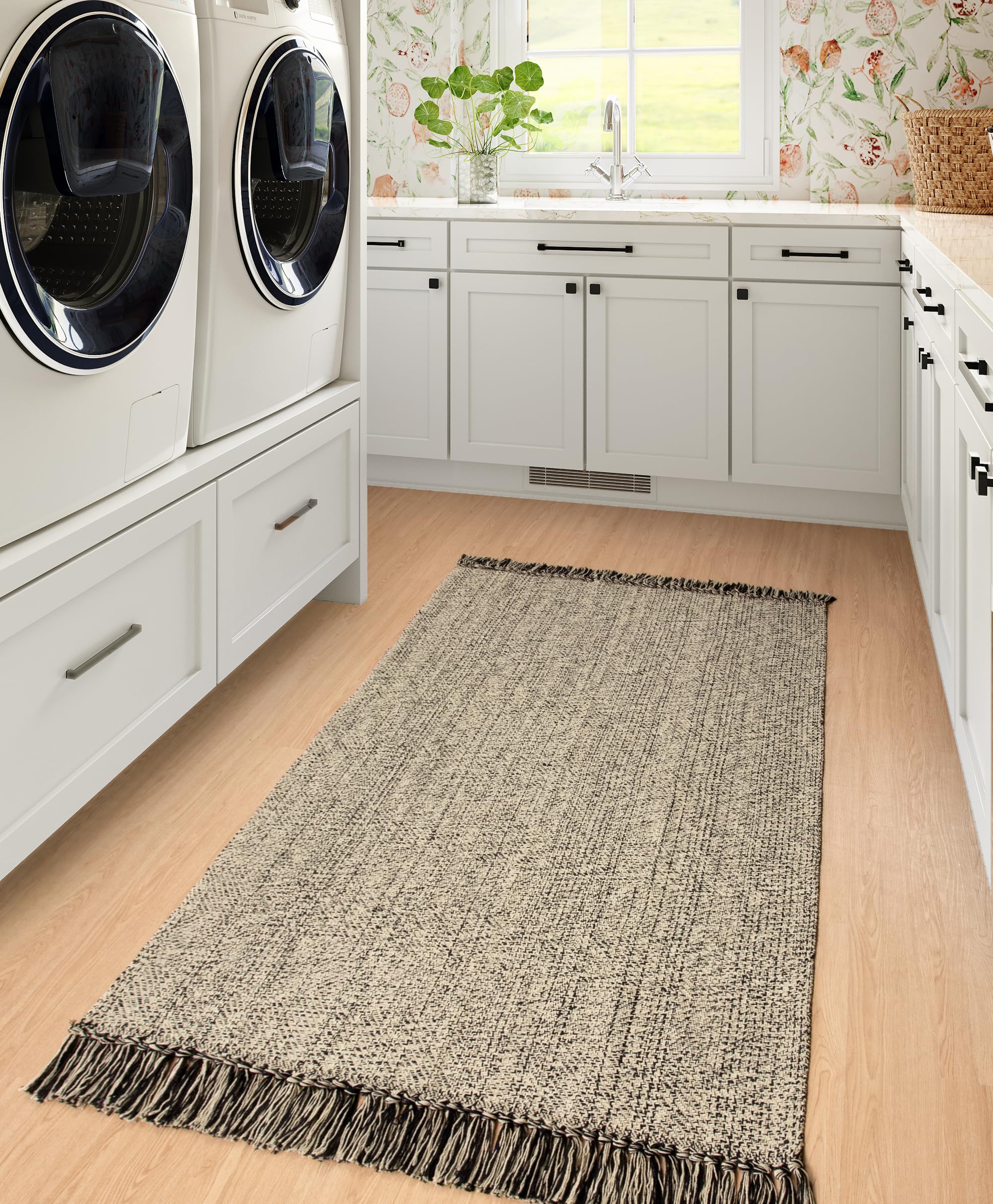 Collive Small Bathroom Rug, 2' x 3' Hand-Woven Low Profile Front Entryway Rug, Olive Green/Cream Cotton Reversible Washable Kitchen Mat Modern Farmhouse Carpet for Foyer Bedroom Back Door Decor
